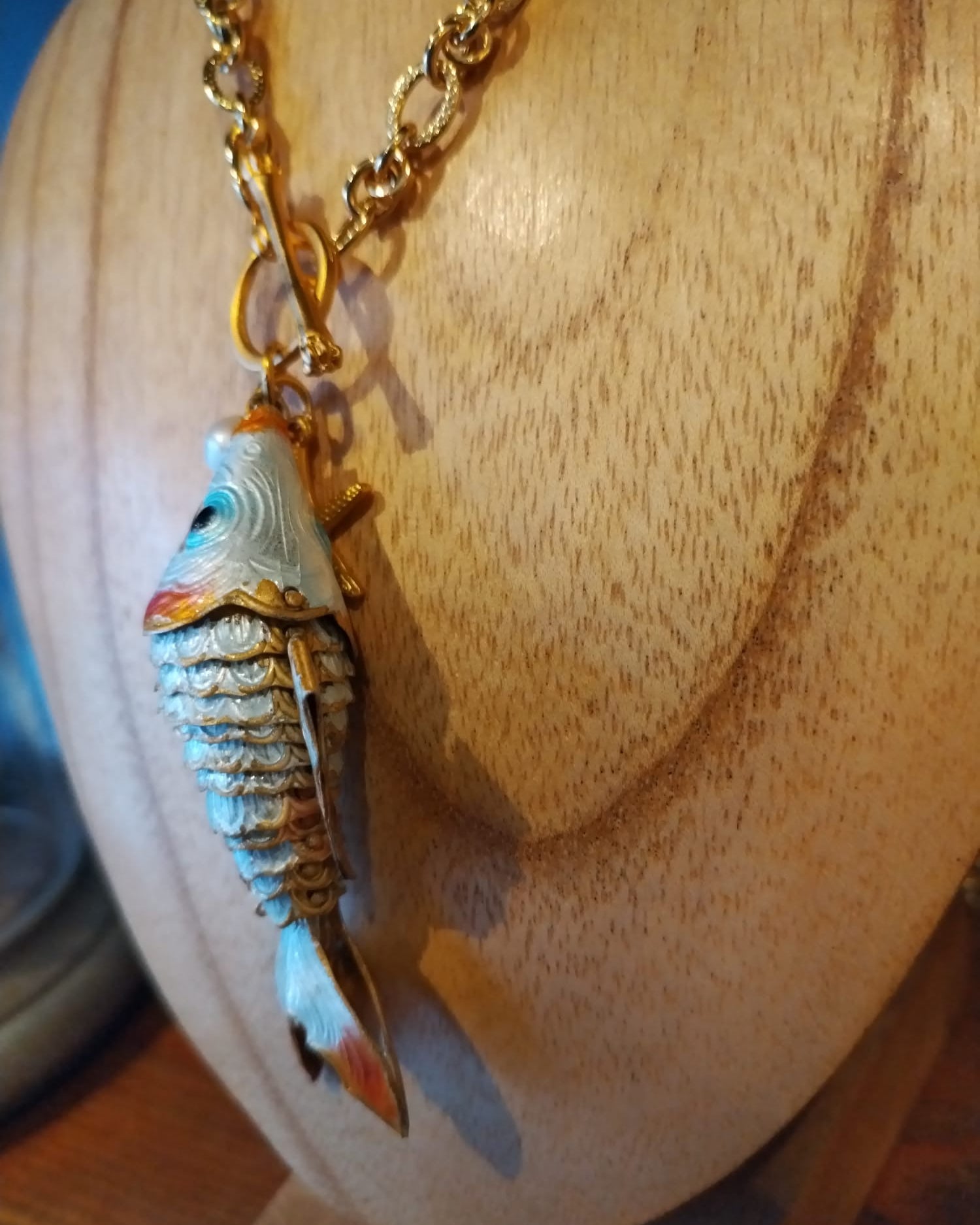 Long Gold Chain Necklace with Enamel Fish Pendant