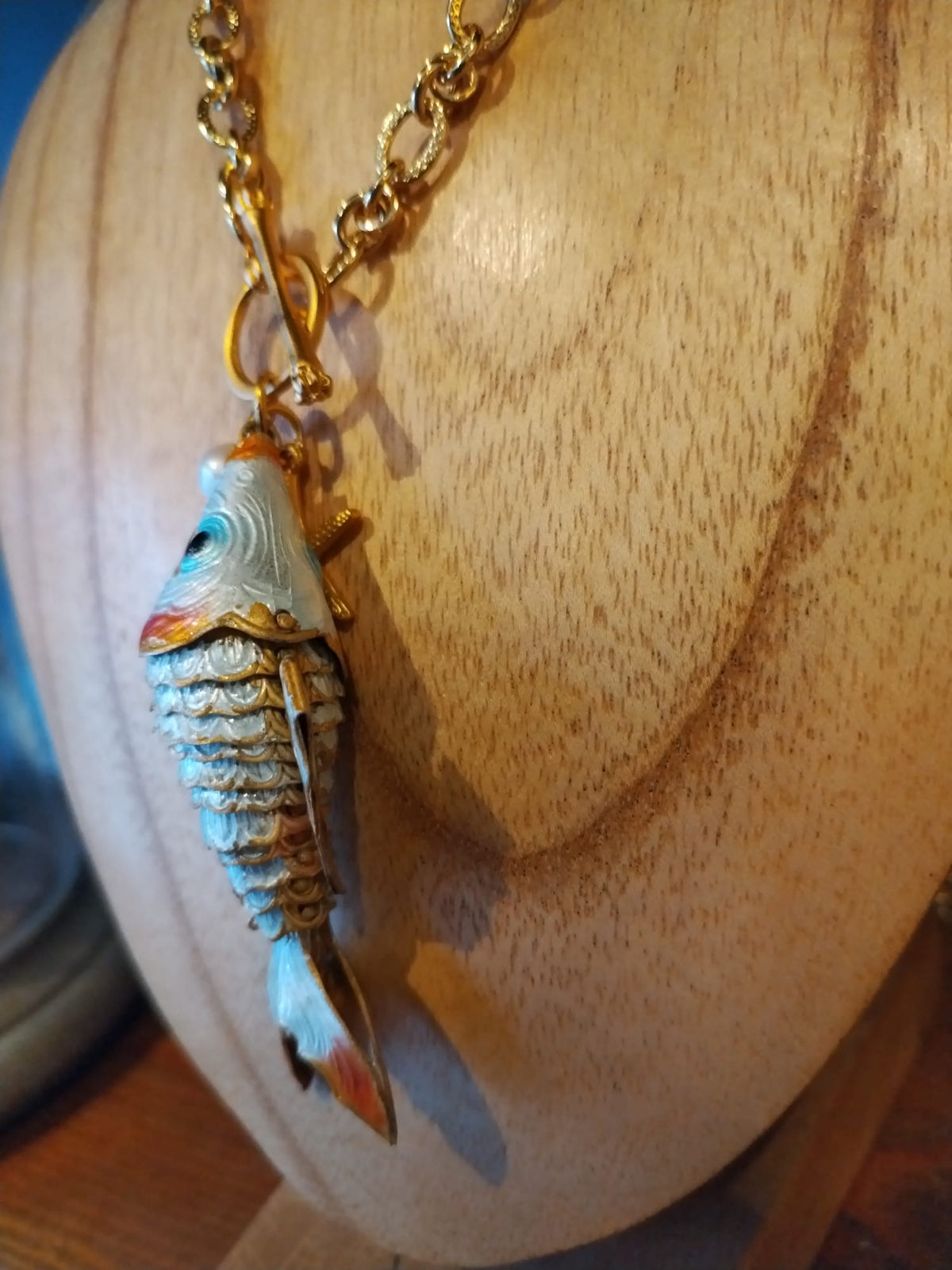 Long Gold Chain Necklace with Enamel Fish Pendant
