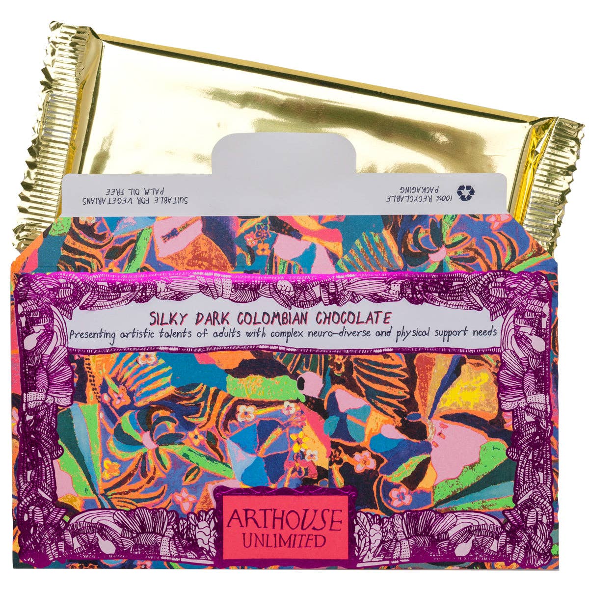 Colorful chocolate packaging with artistic design and 'Arthouse Unlimited' branding.