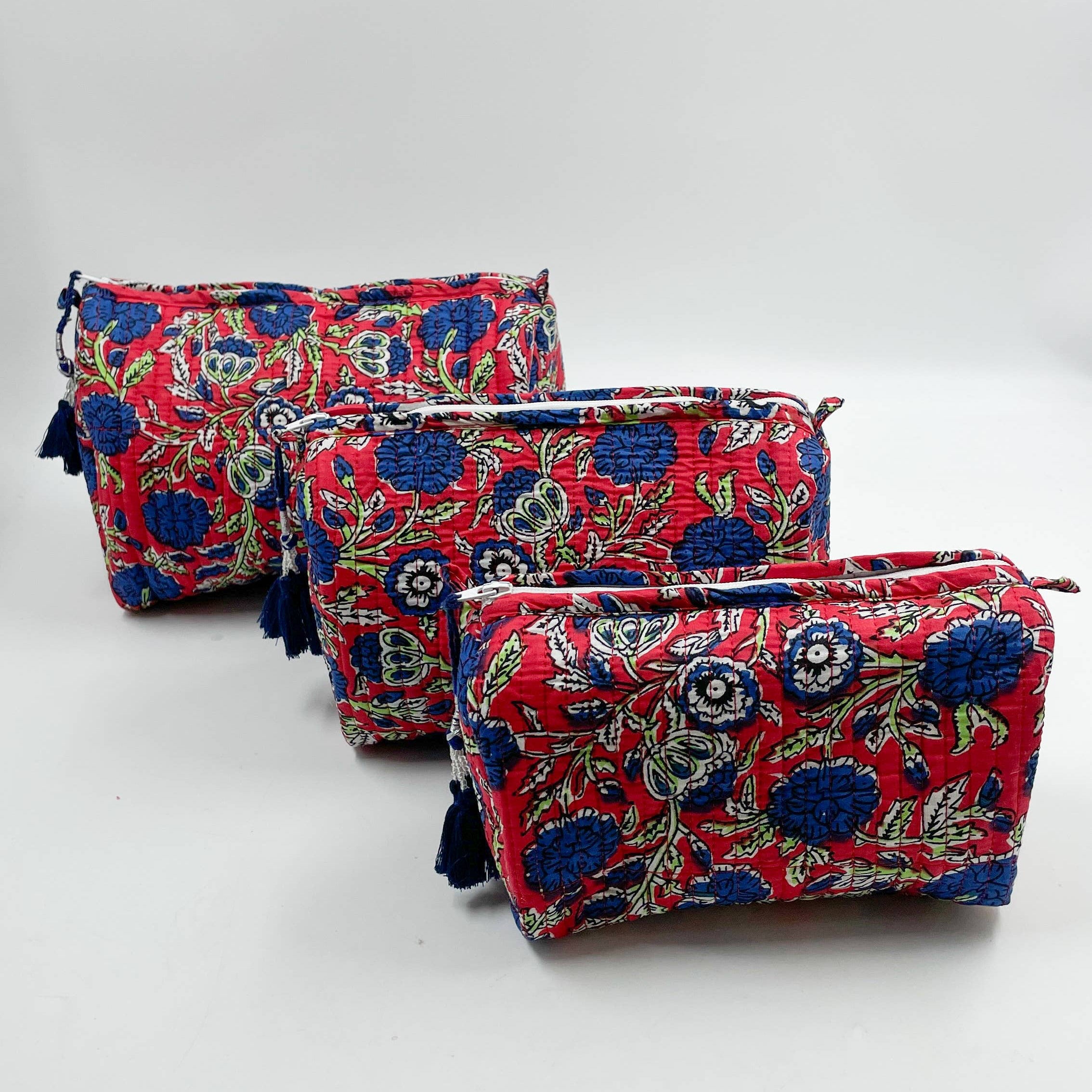 Red & Deep Blue Floral Quilted Wash / Makeup Bag Set (Set of 3)