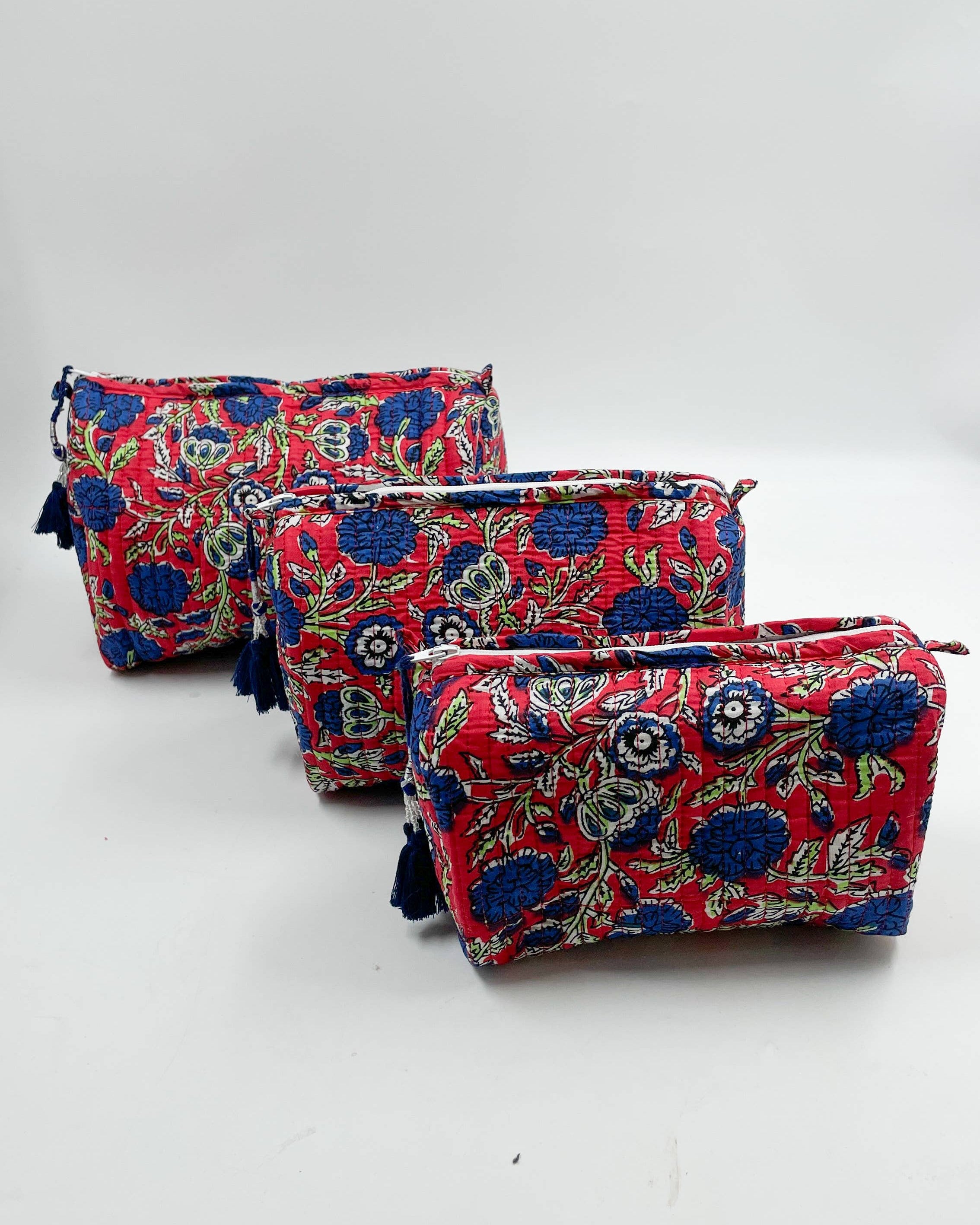 Red & Deep Blue Floral Quilted Wash / Makeup Bag Set (Set of 3)