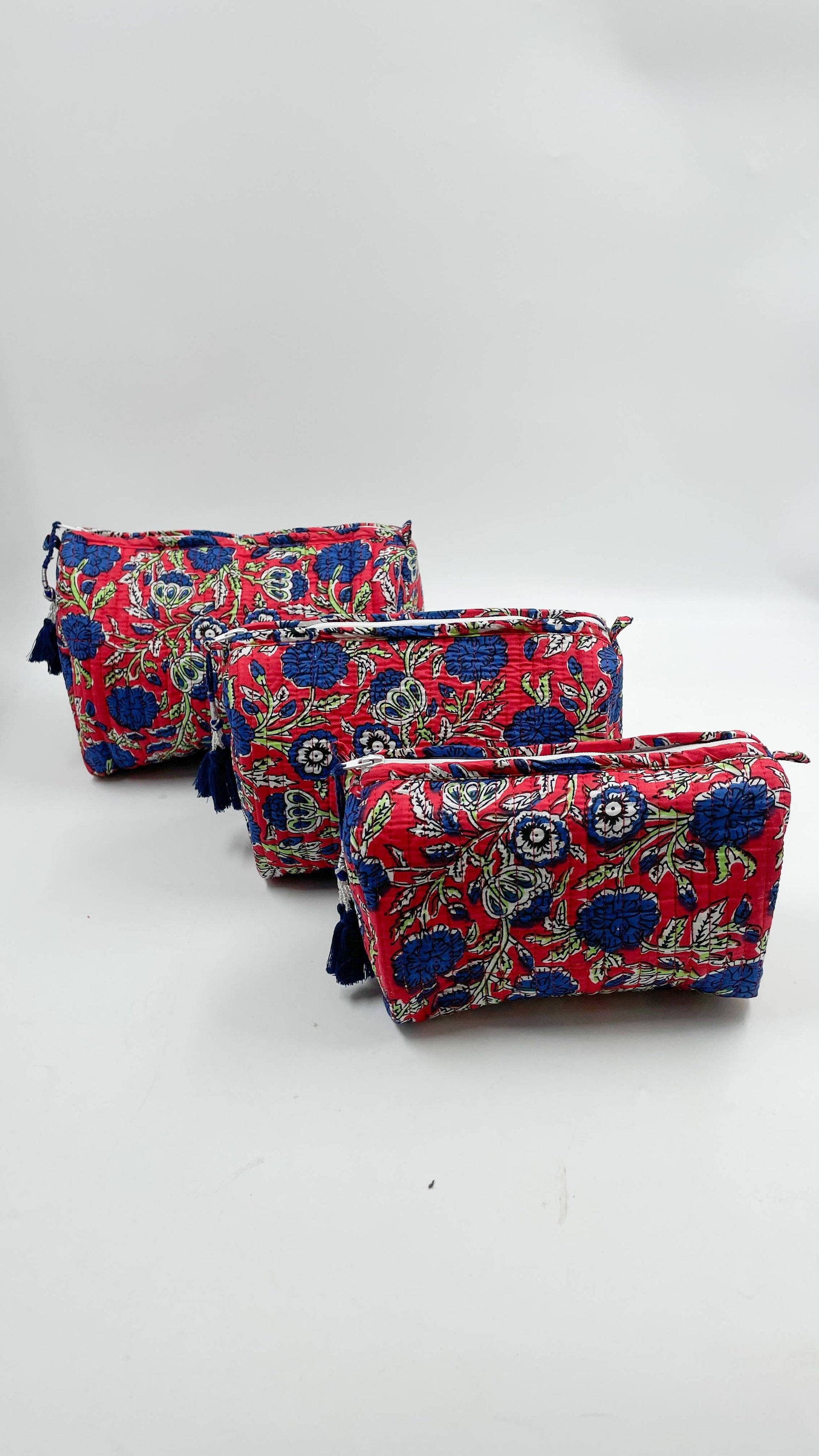 Red & Deep Blue Floral Quilted Wash / Makeup Bag Set (Set of 3)