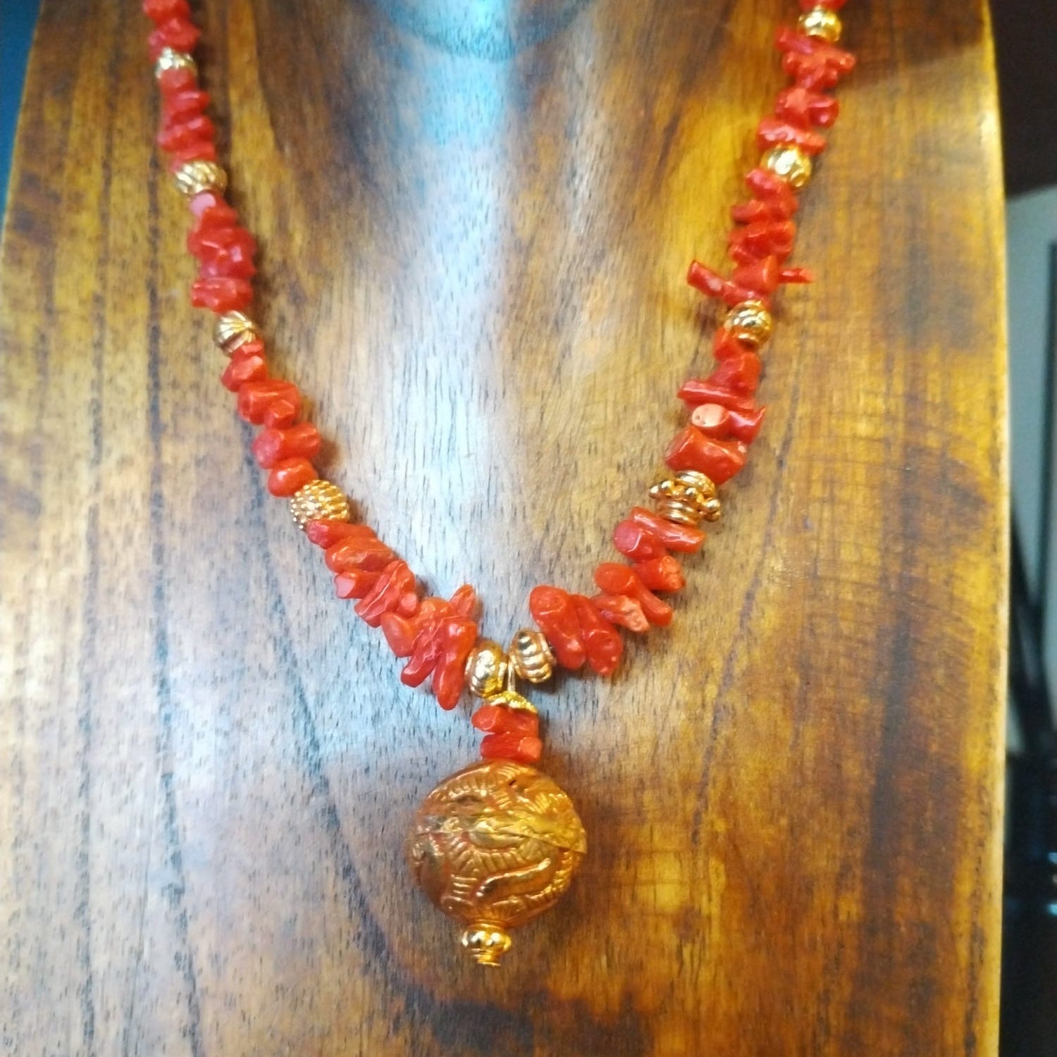 Coral And Gold Necklace With Gold Pendant