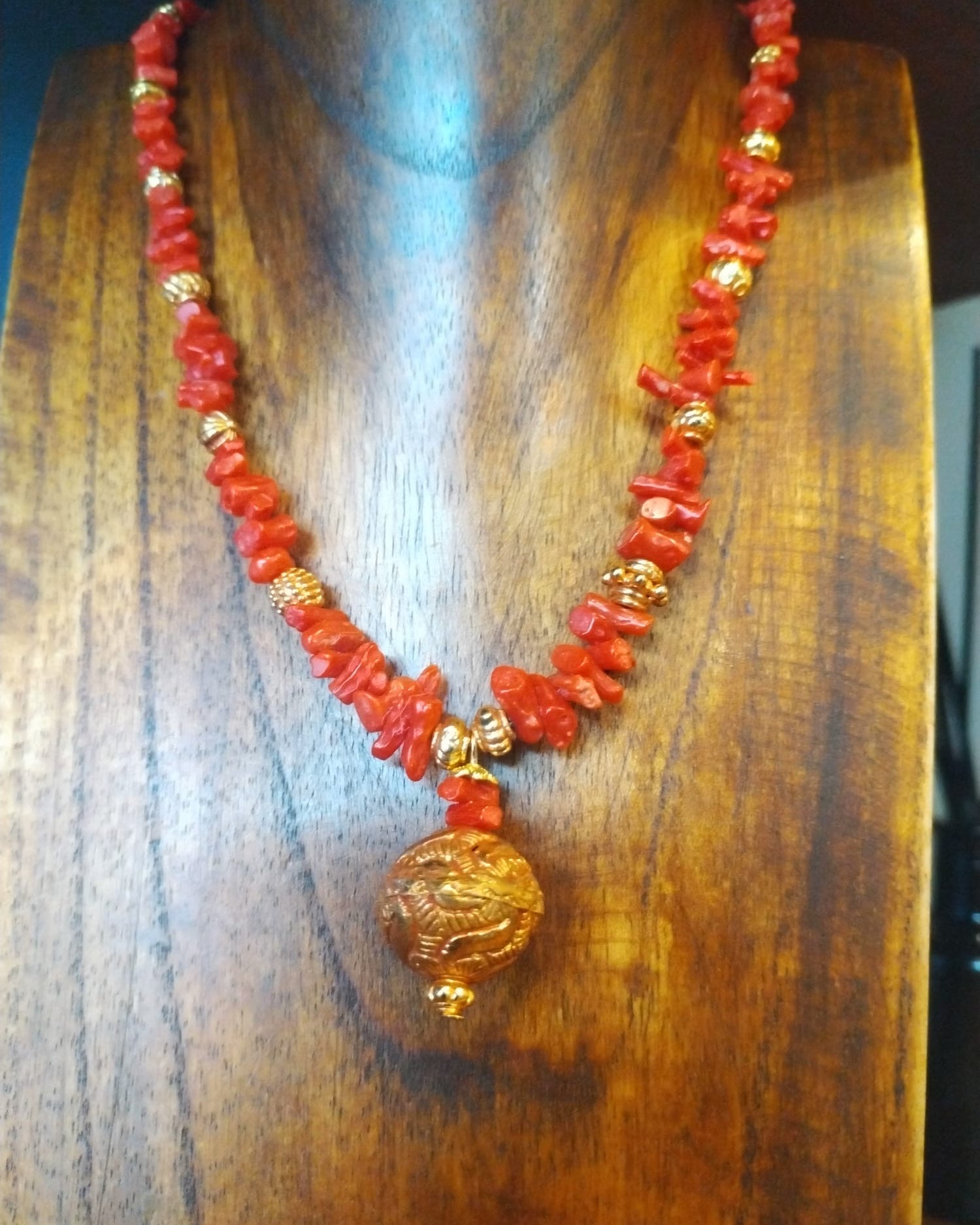 Coral And Gold Necklace With Gold Pendant