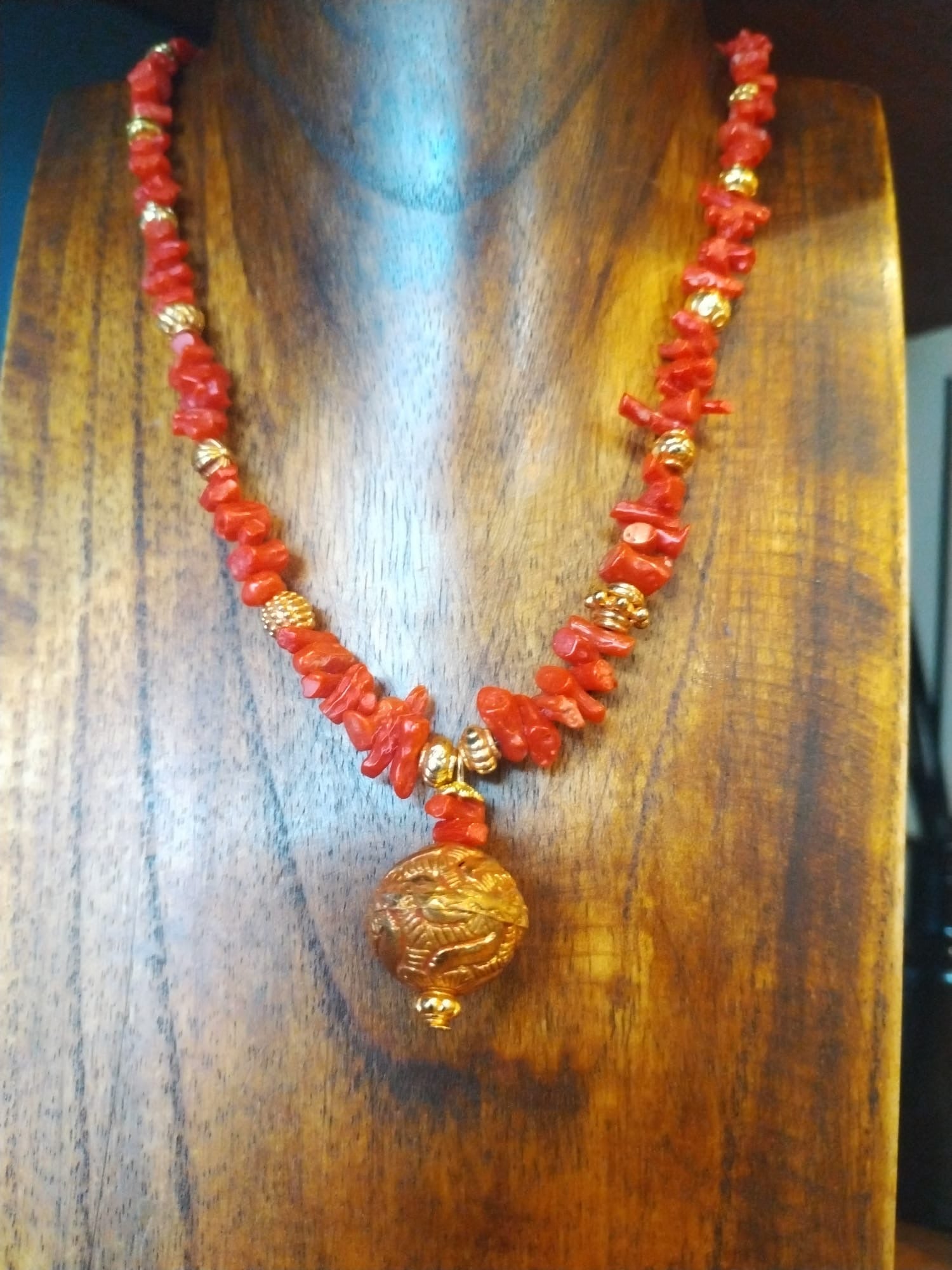 Coral And Gold Necklace With Gold Pendant
