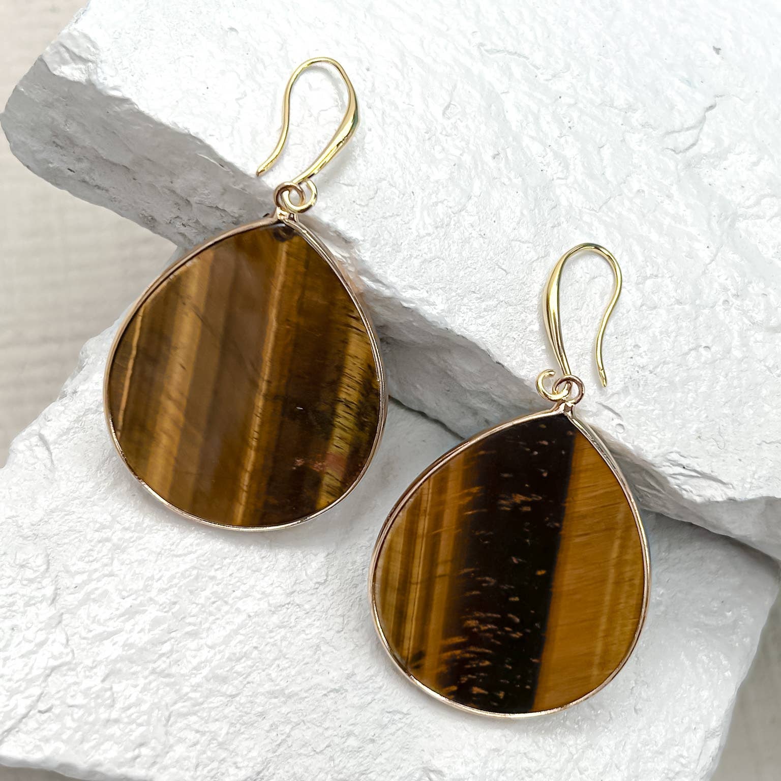 Tiger’s Eye Teardrop Gold-Plated Earrings