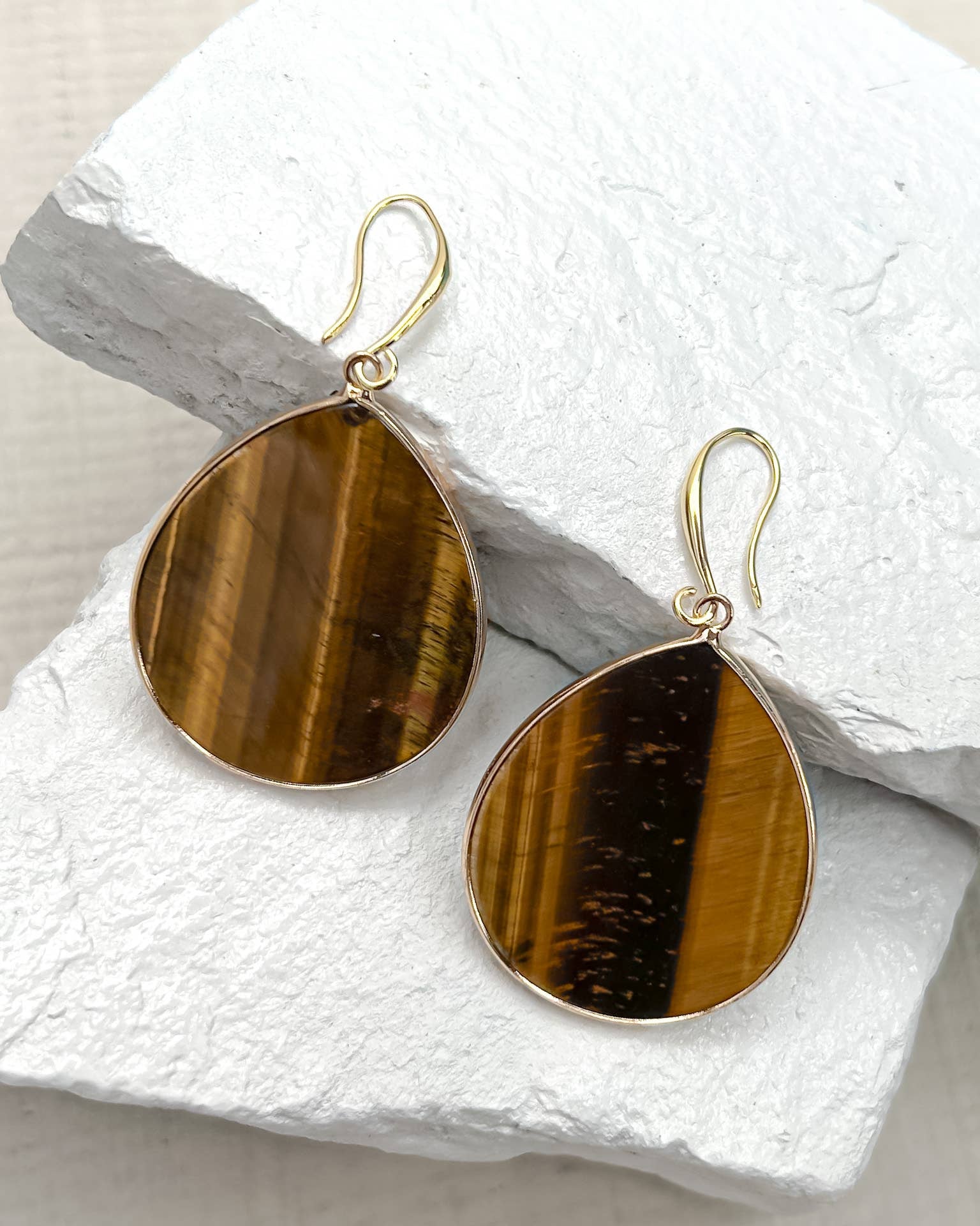 Tiger’s Eye Teardrop Gold-Plated Earrings