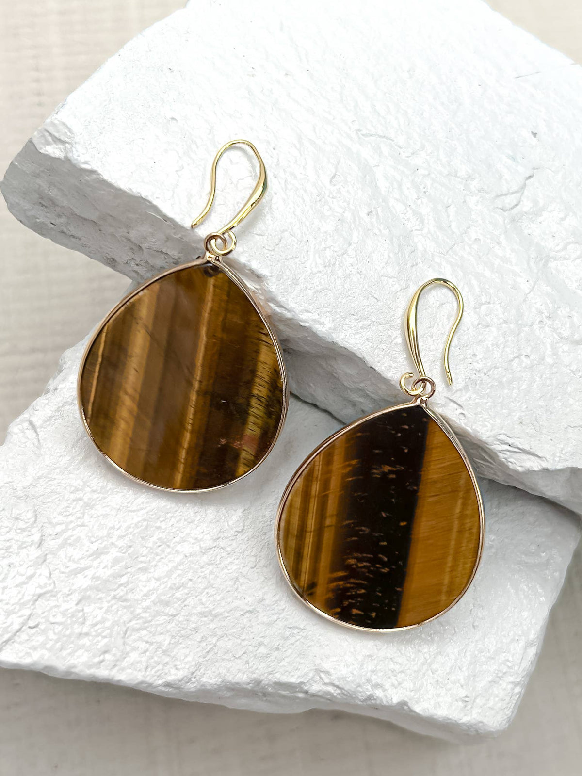 Tiger’s Eye Teardrop Gold-Plated Earrings