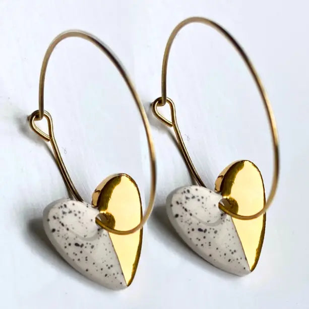 Hoop Earrings with Heart Charms With Black Spots and  Gold