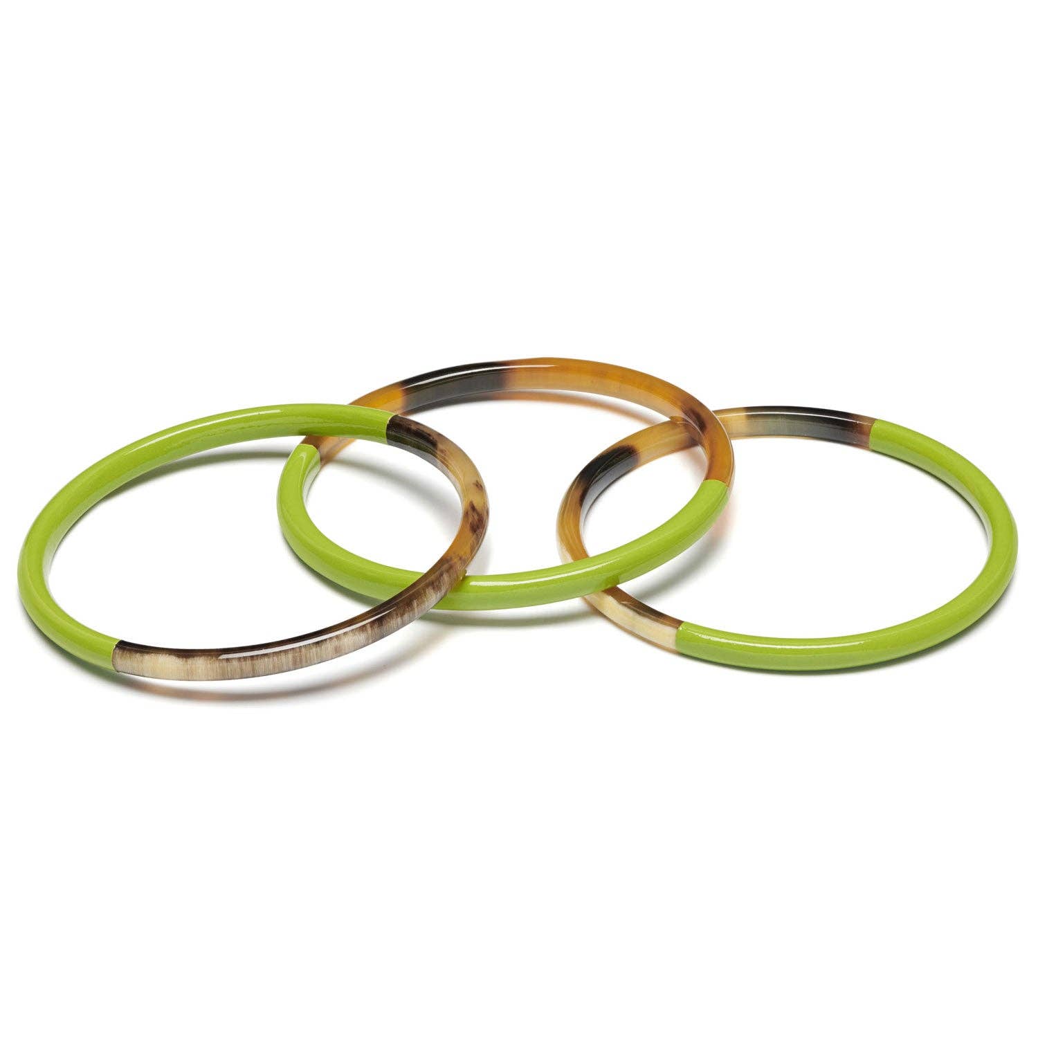 Three green and brown bangles stacked on a white background