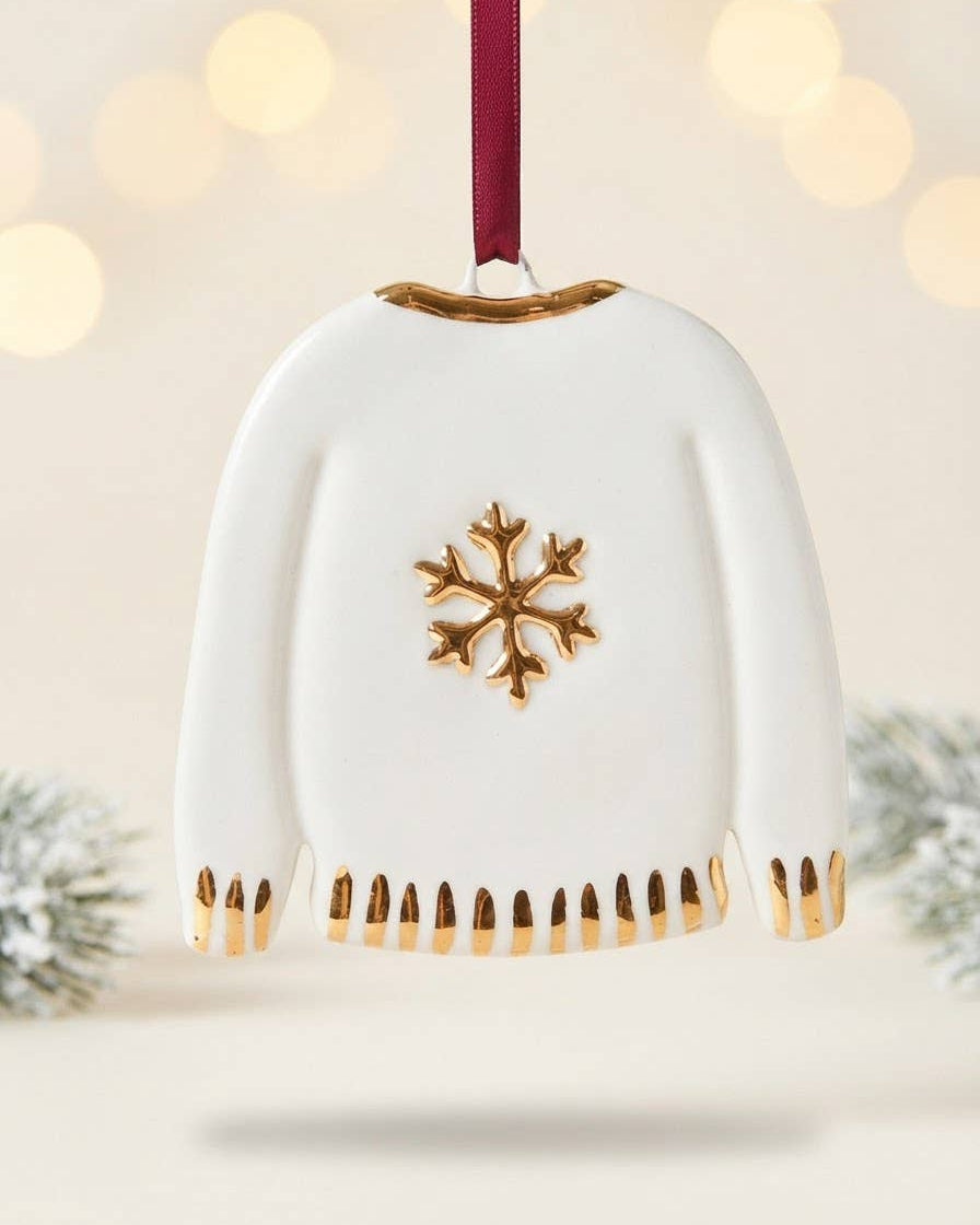 White Rain Ceramic Gold Snowflake Christmas Jumper Decoration