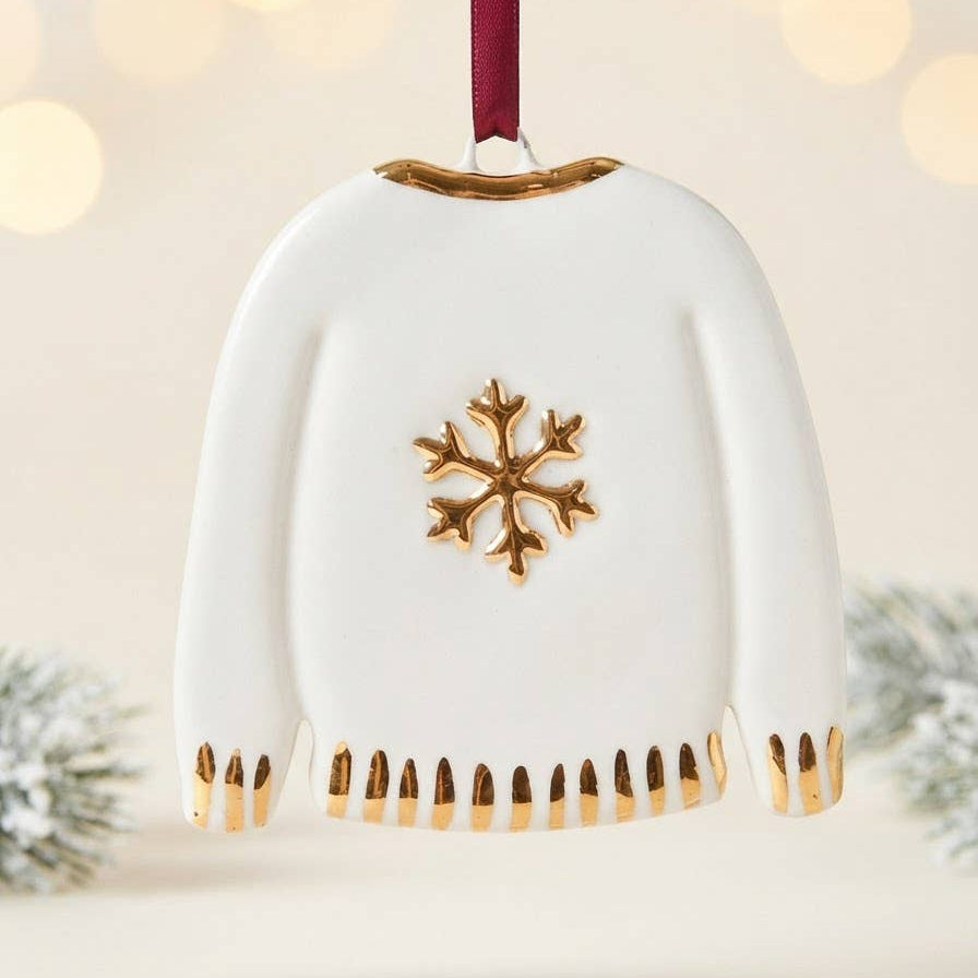 White Rain Ceramic Gold Snowflake Christmas Jumper Decoration