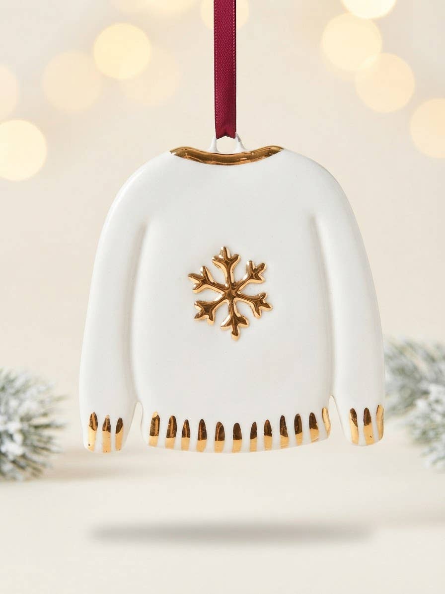 White Rain Ceramic Gold Snowflake Christmas Jumper Decoration