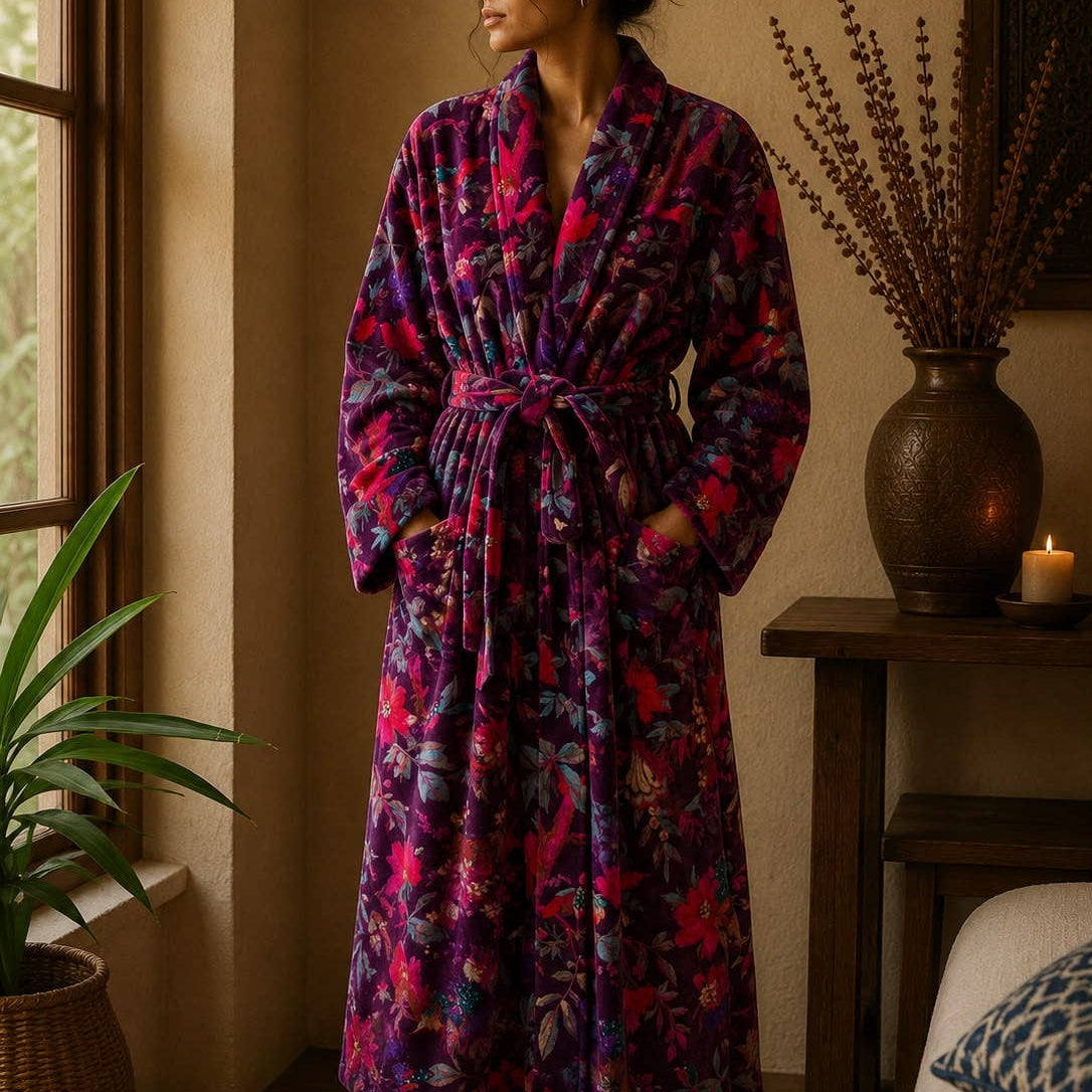 Plum velvet robe with bird of paradise and floral print