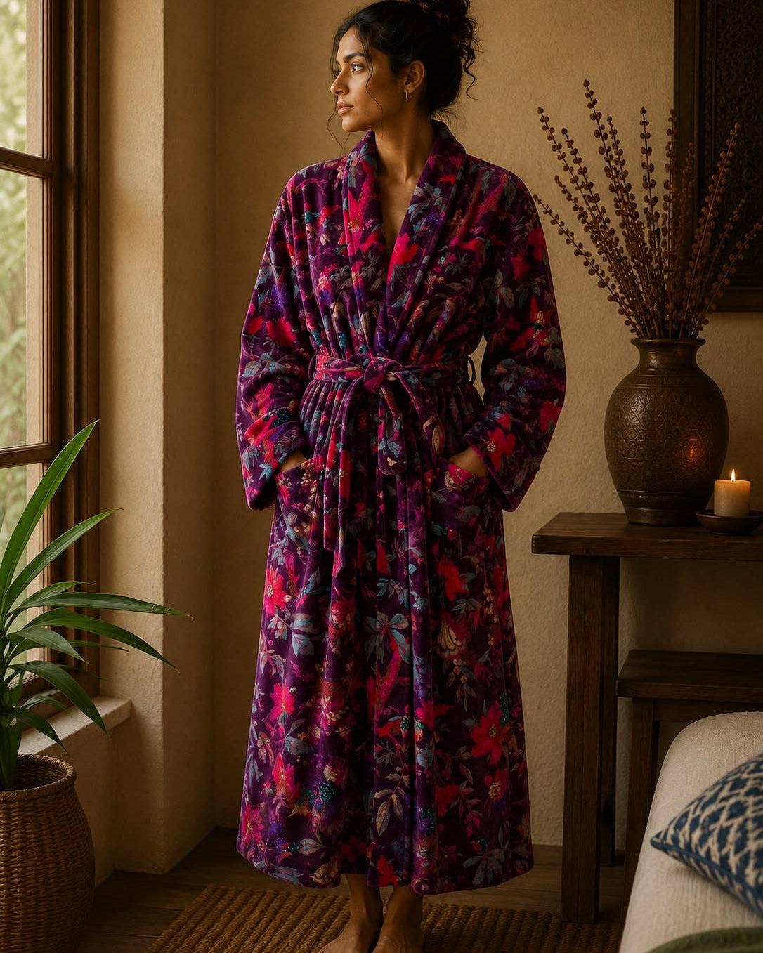Plum velvet robe with bird of paradise and floral print
