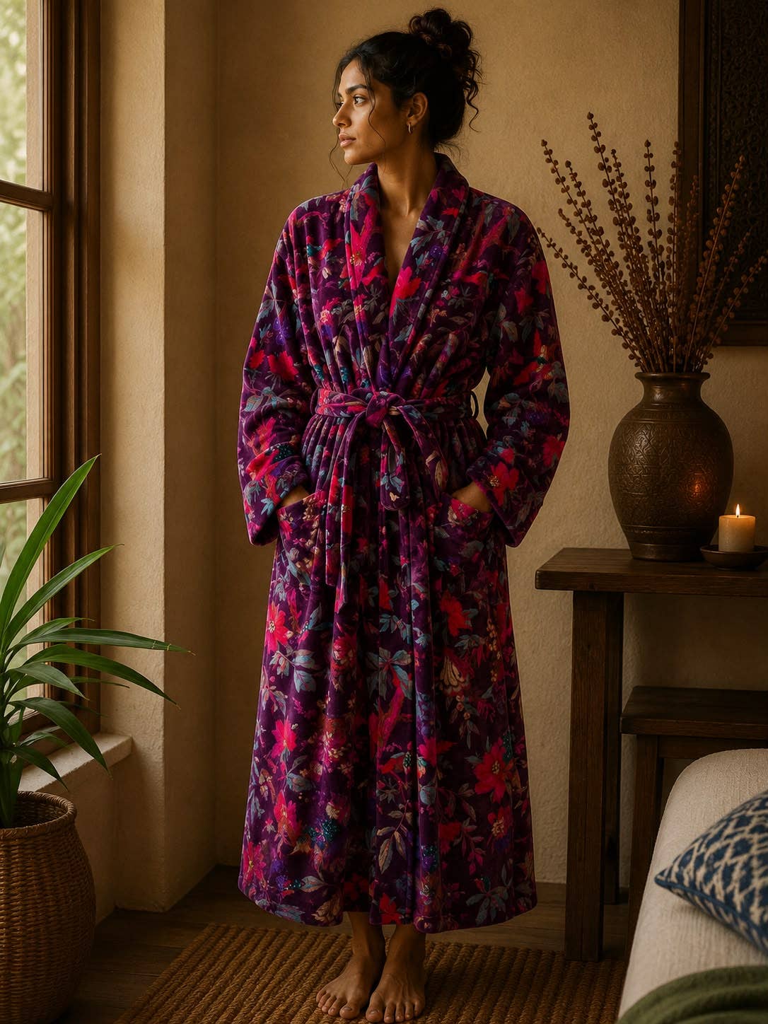 Plum velvet robe with bird of paradise and floral print