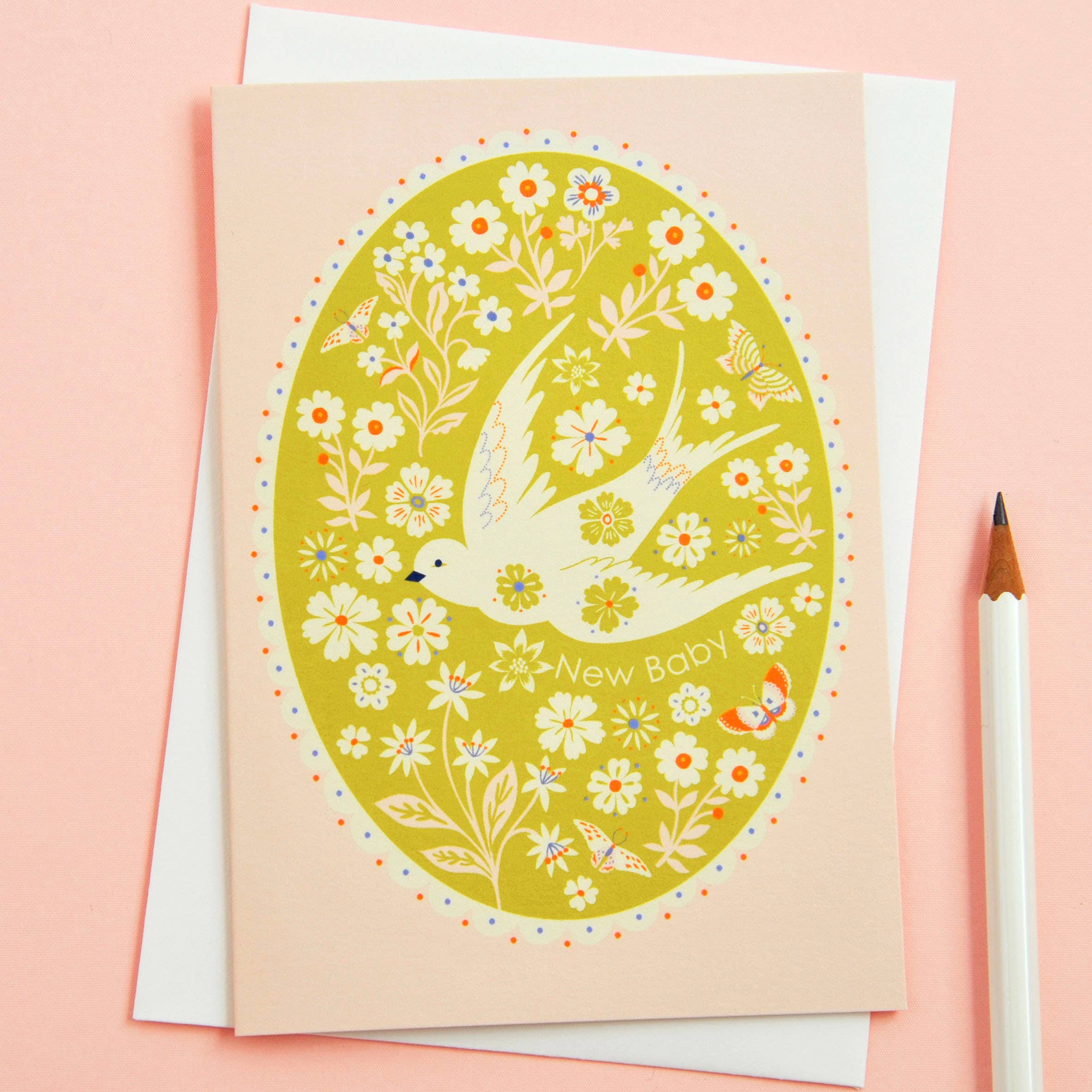 New Baby Card – Yellow Floral & Dove Design | Eco-Friendly UK Printed Greeting Card