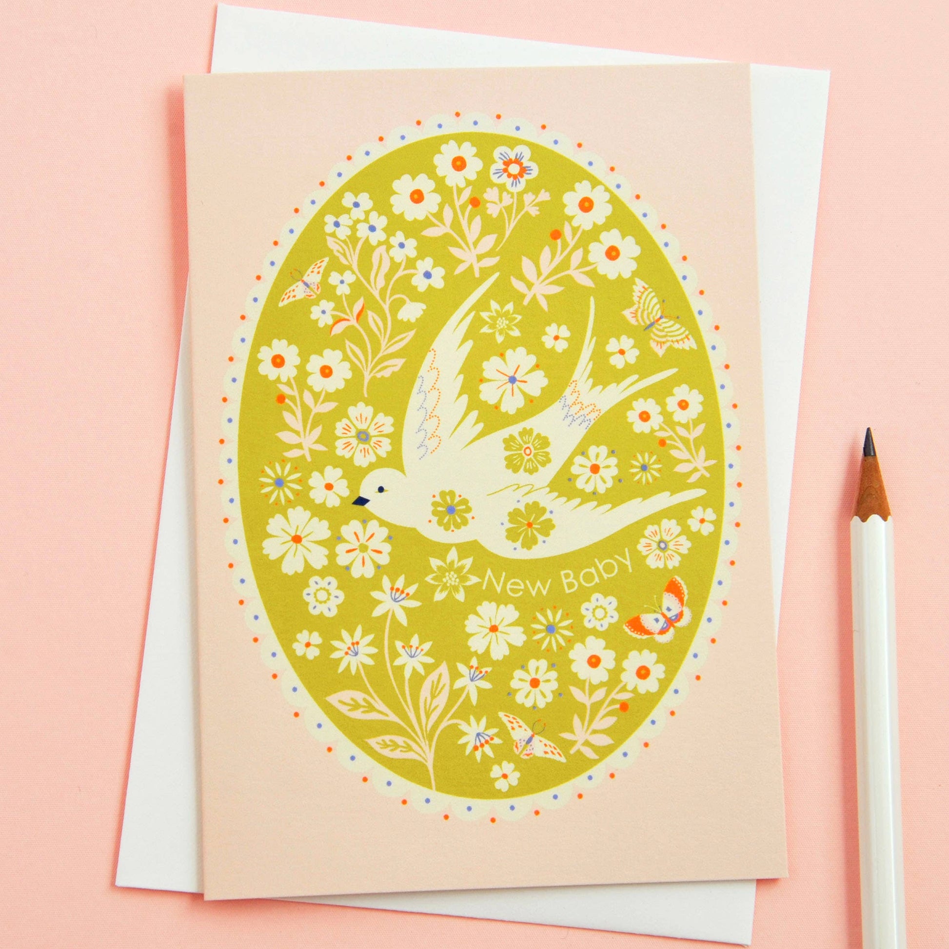 New Baby Card – Yellow Floral & Dove Design | Eco-Friendly UK Printed Greeting Card