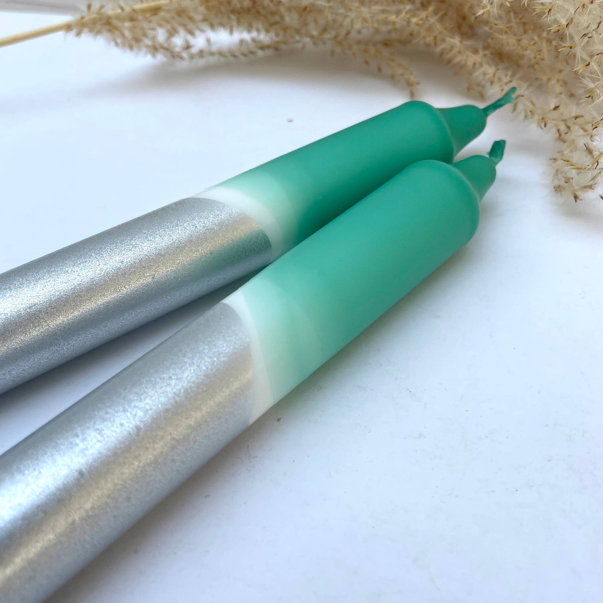 Lagoon Blue & Silver Dip Dyed Dinner Candles - Set of 2