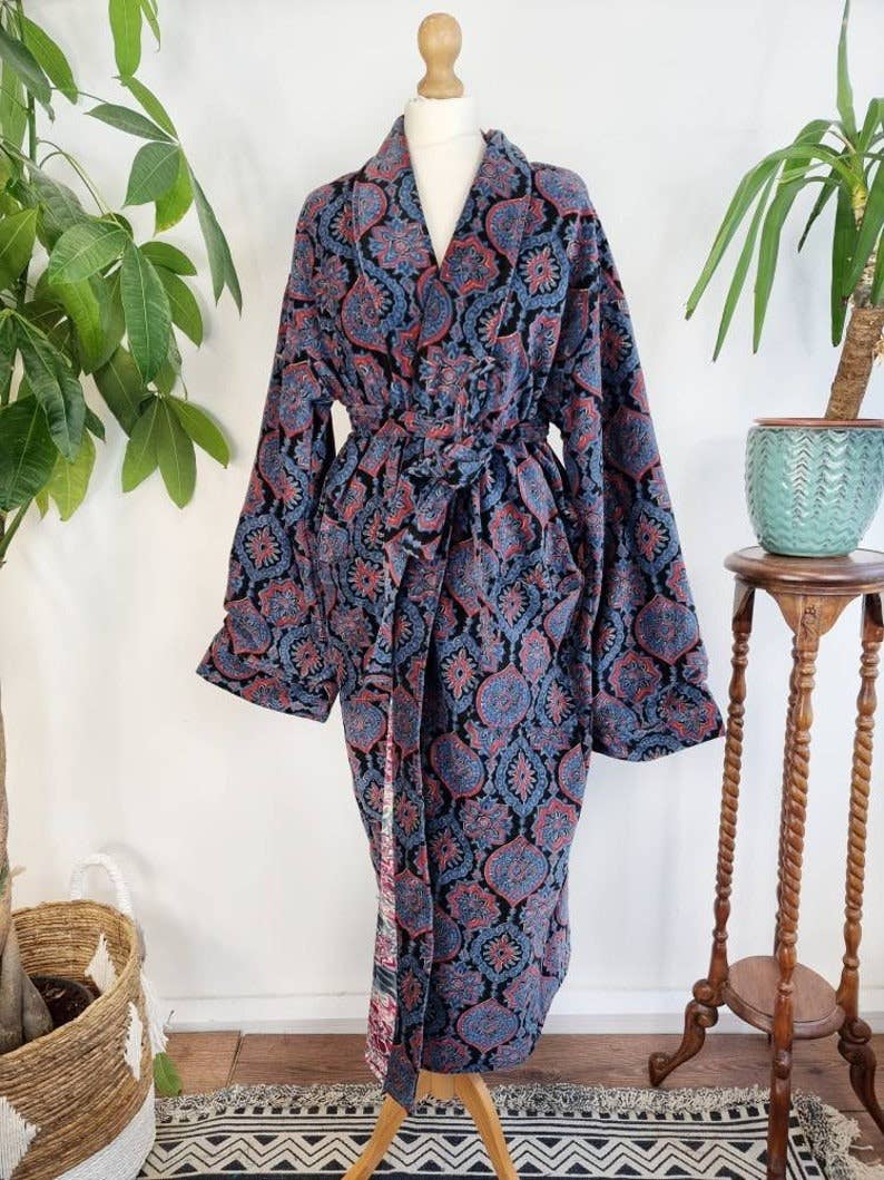 Luxury Velvet Robe - Black Blue Red Ajrakh Love Gift