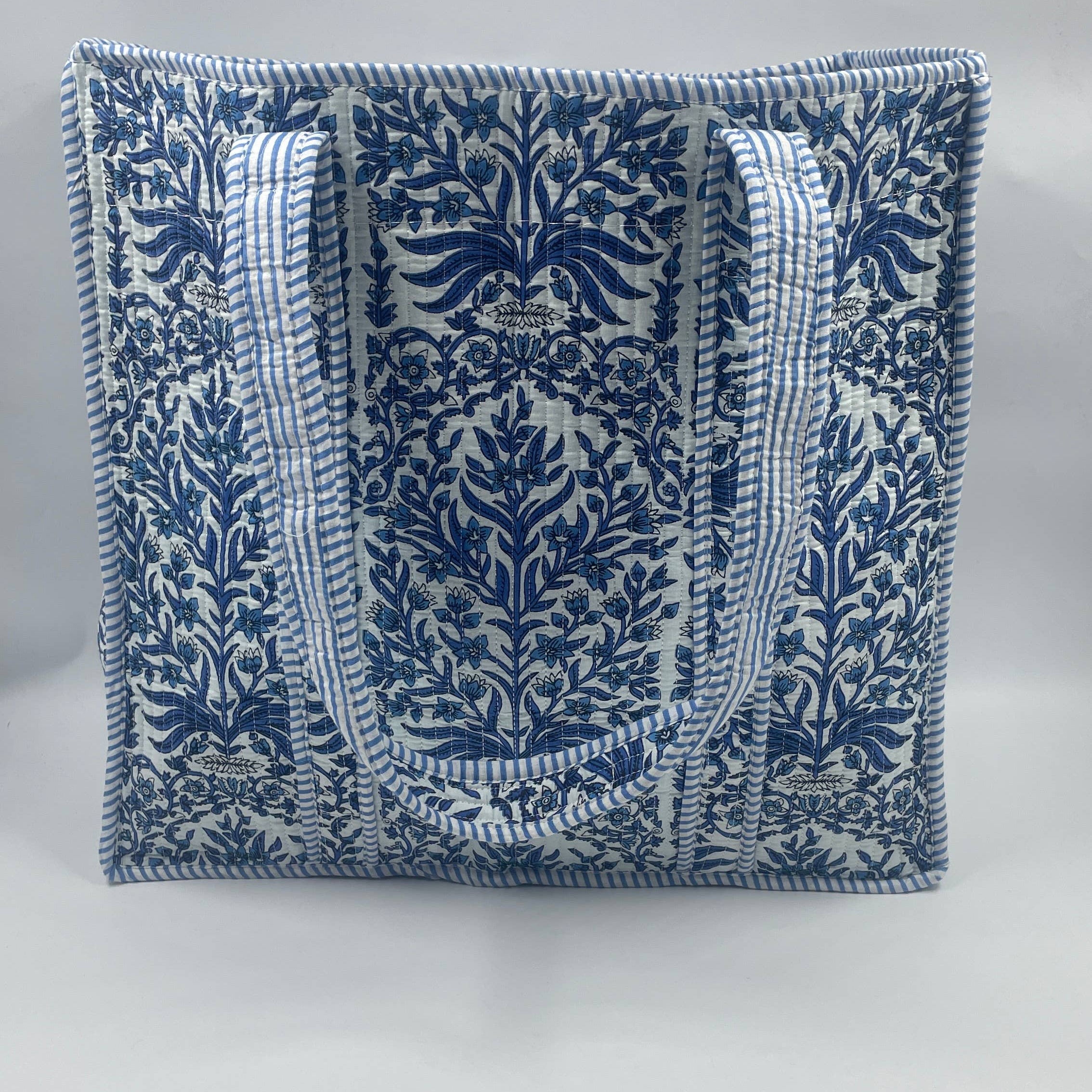 Blue and White Botanical Quilted Cotton Tote Bag