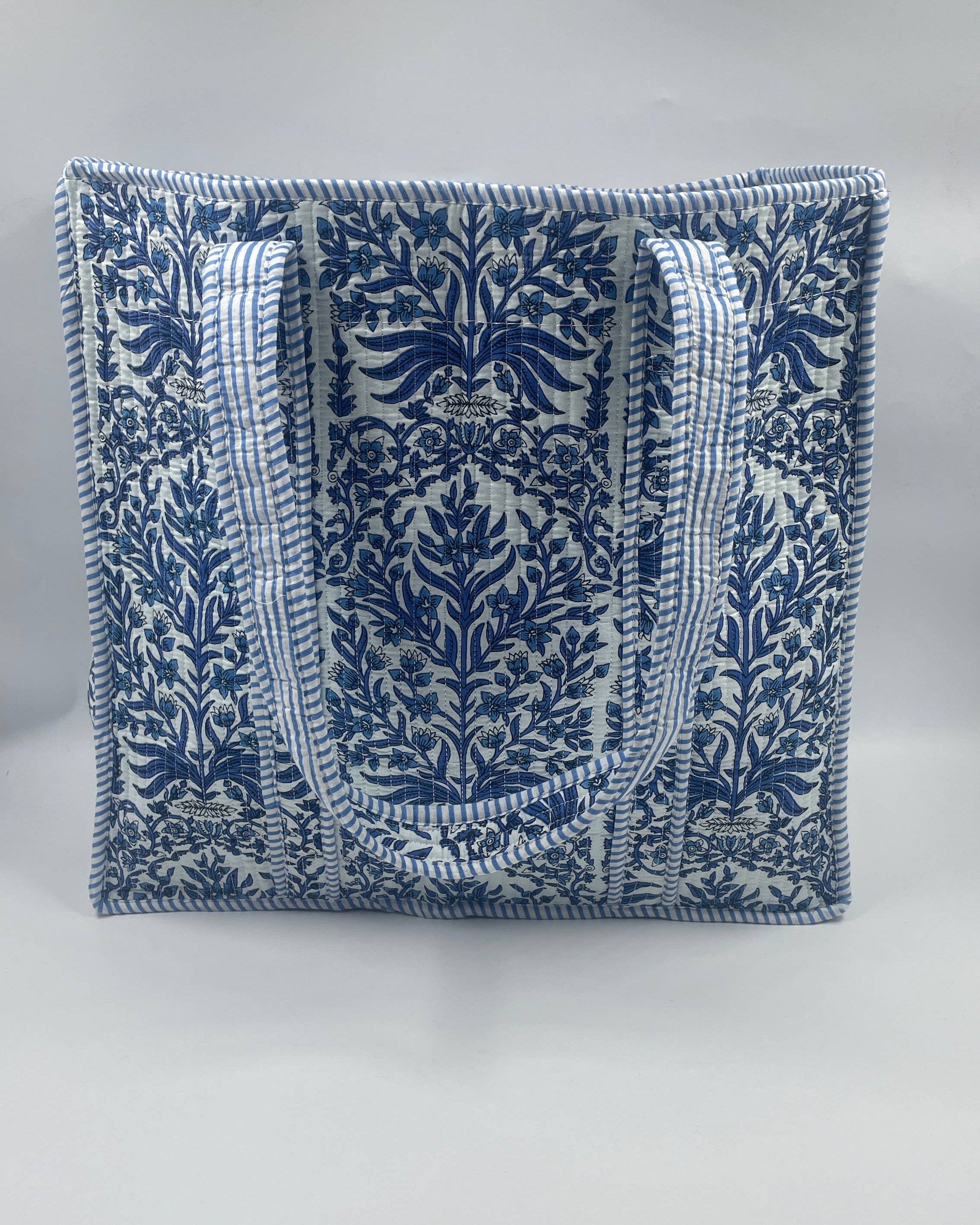 Blue and White Botanical Quilted Cotton Tote Bag