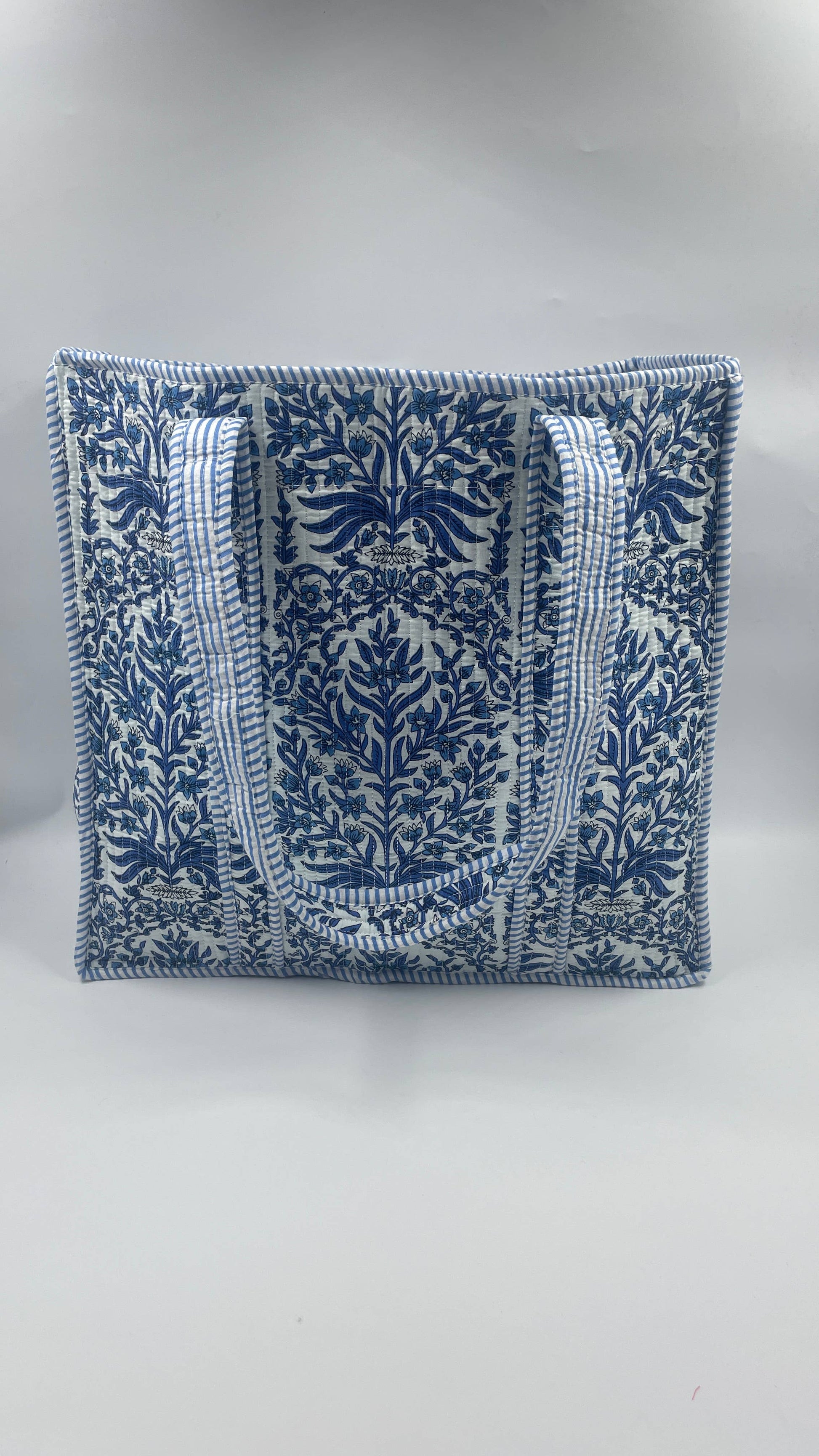 Blue and White Botanical Quilted Cotton Tote Bag
