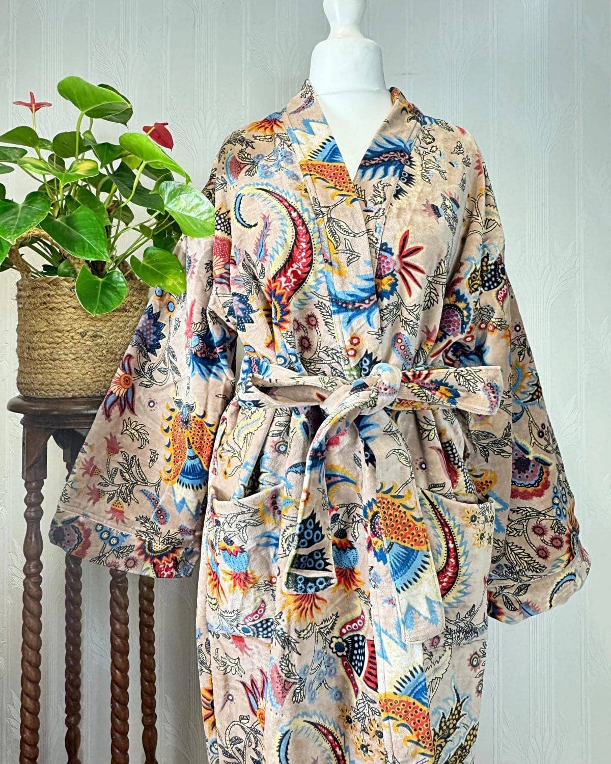 Cream Luxurious Printed Velvet Robe, fully lined