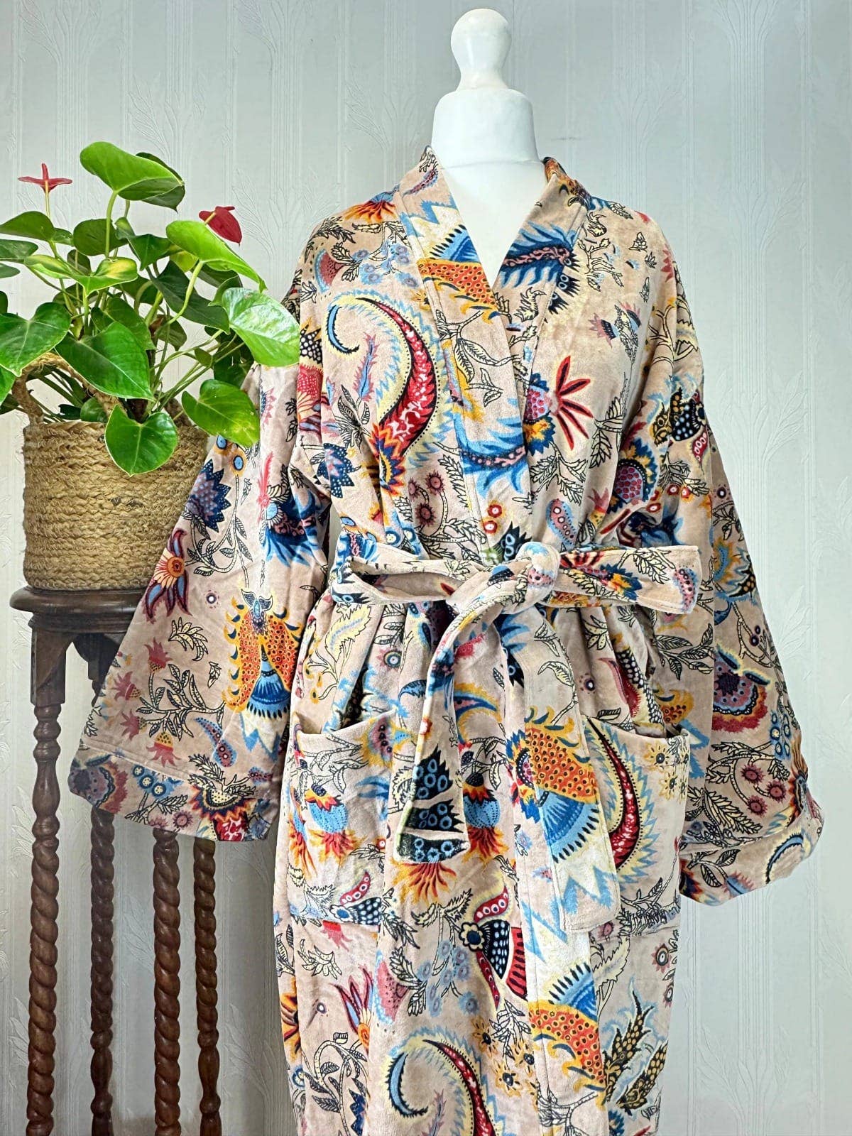 Cream Luxurious Printed Velvet Robe, fully lined