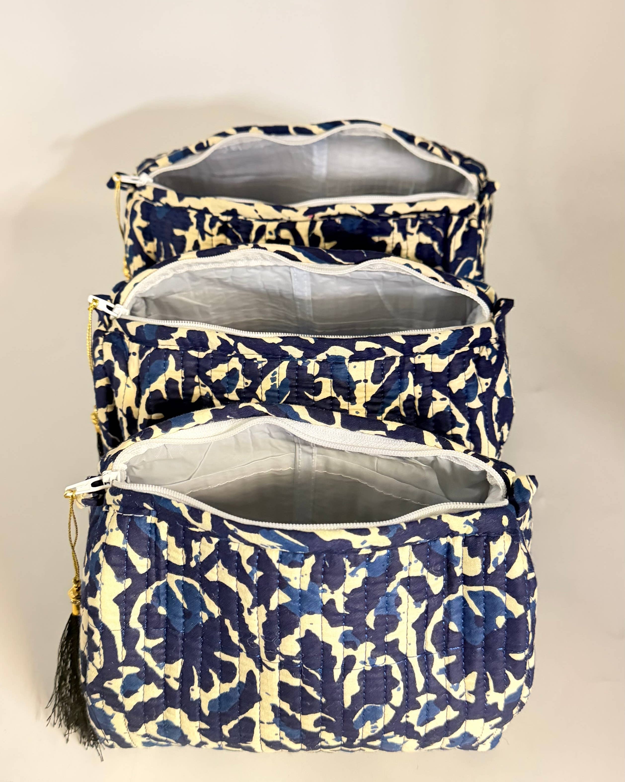 Set of Three Quilted Wash Bags with Blue and White Print