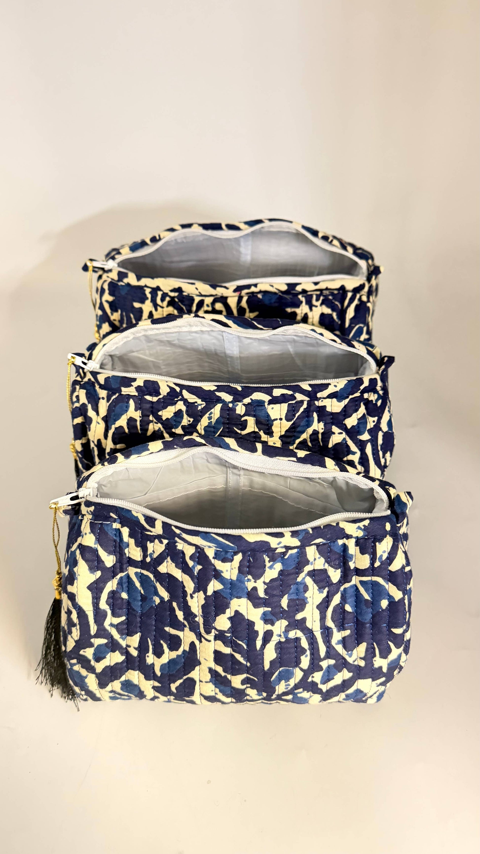 Set of Three Quilted Wash Bags with Blue and White Print