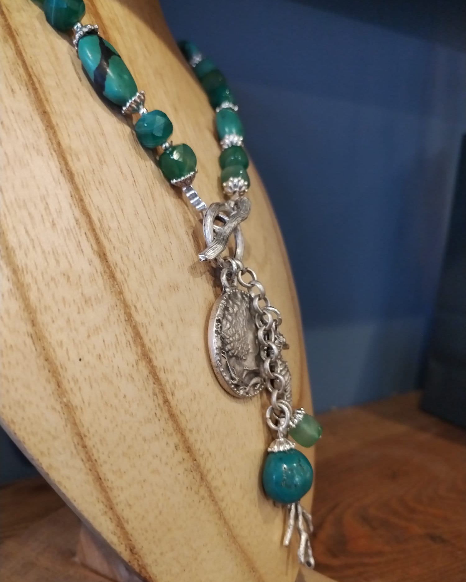 Natural Turquoise and Green Quartz Necklace with Silver Charms