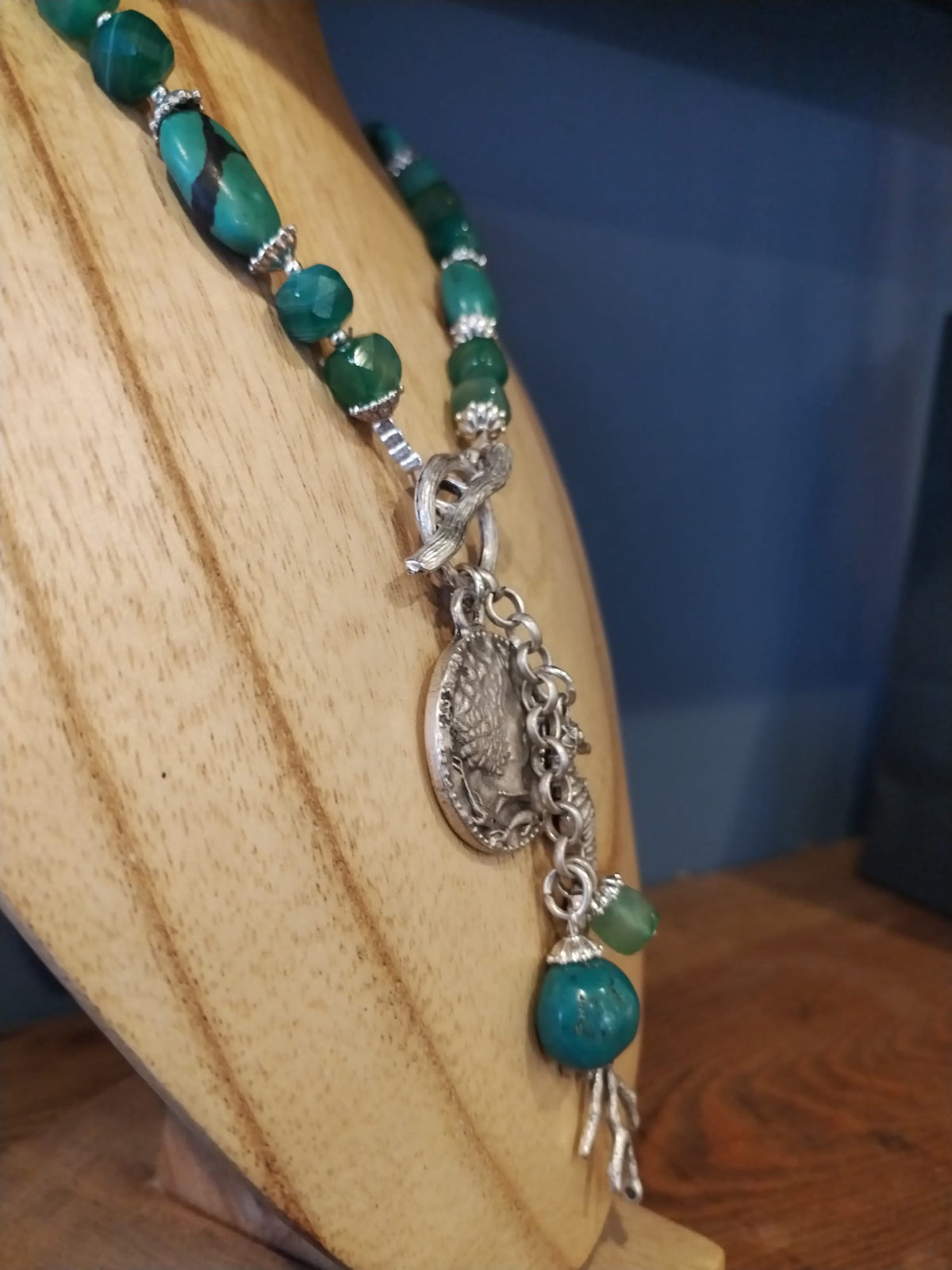 Natural Turquoise and Green Quartz Necklace with Silver Charms