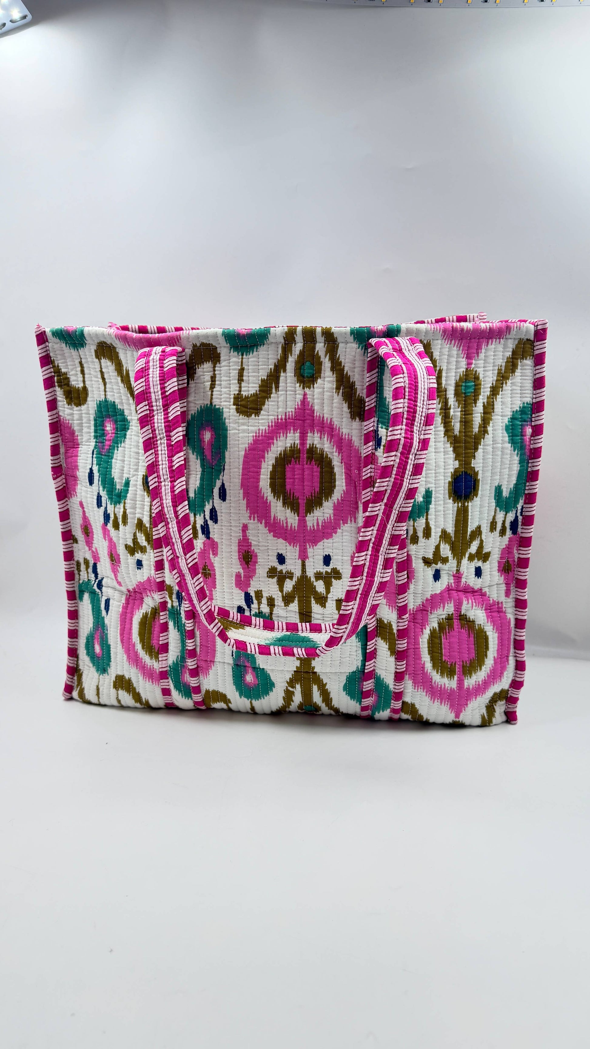 Pink Green and Blue Ikat on White Quilted Cotton Tote Bag