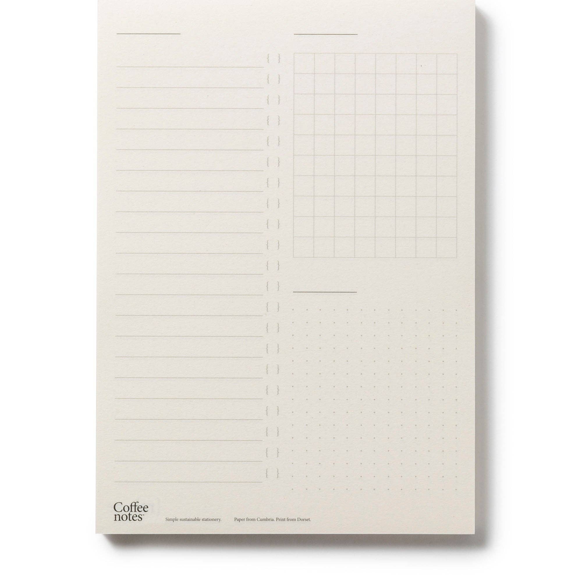 Notebook with grid and ruled paper on a white background, featuring 'Coffee Notes' branding.
