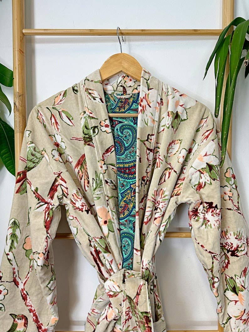 Luxury Velvet  Robe - Elegant Powder Beige Rust Olive