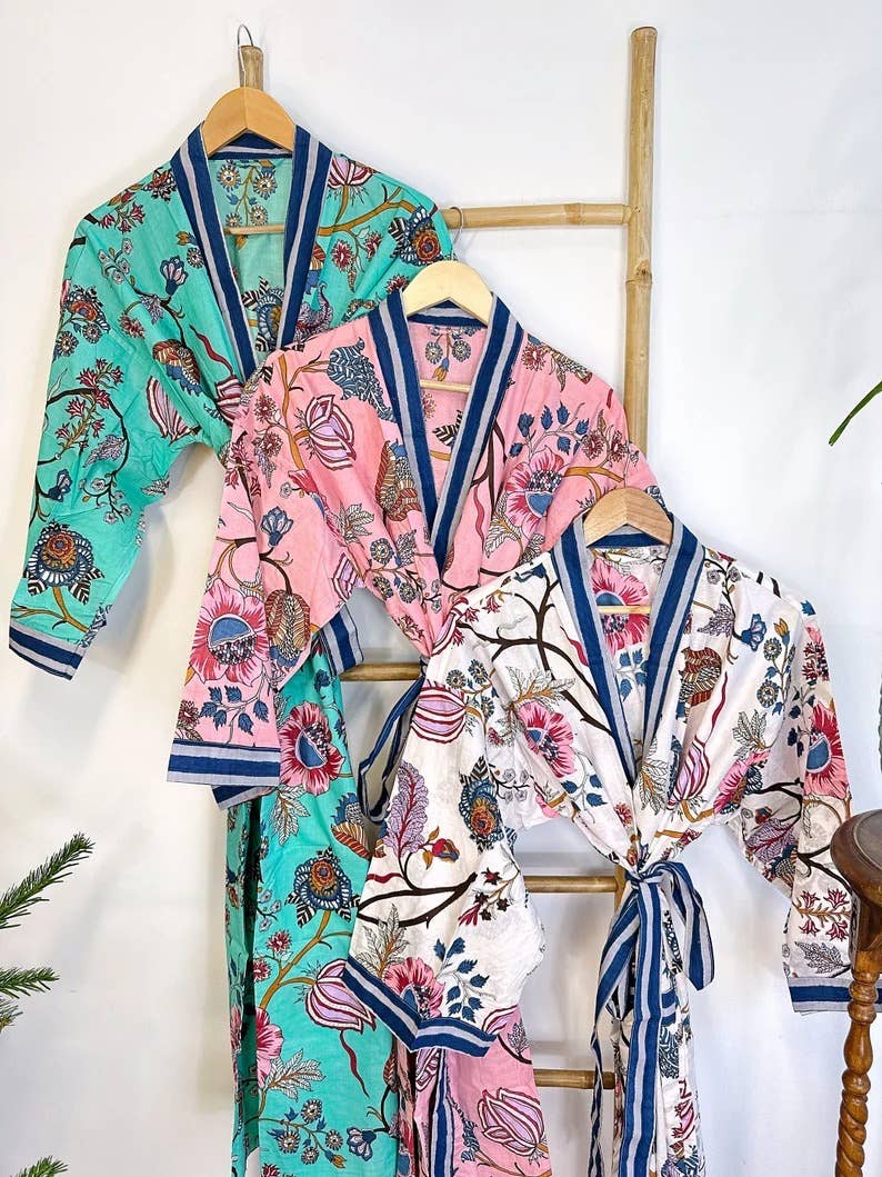 Cotton Kimono Robe Pink &  Blue Paradise Stripe UK 10 18