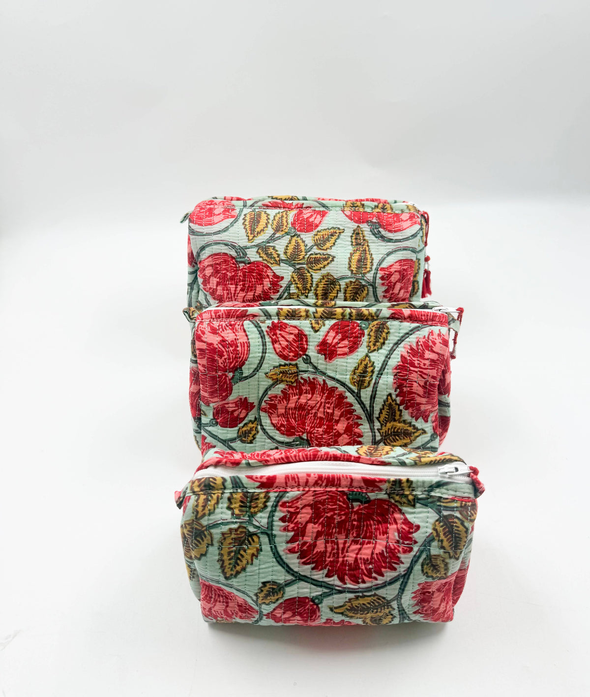 Set of Three Pink Floral Quilted Wash Bags
