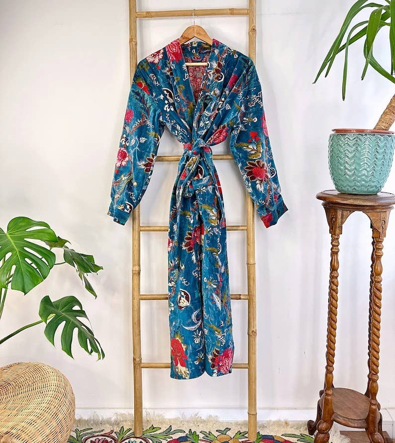 Luxury Velvet Robe - Rich Teal Passion Lover Exotic Garden Romance