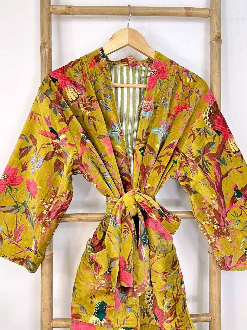 Luxury Velvet Robe Gold & Pink Exotic Birds Paradise