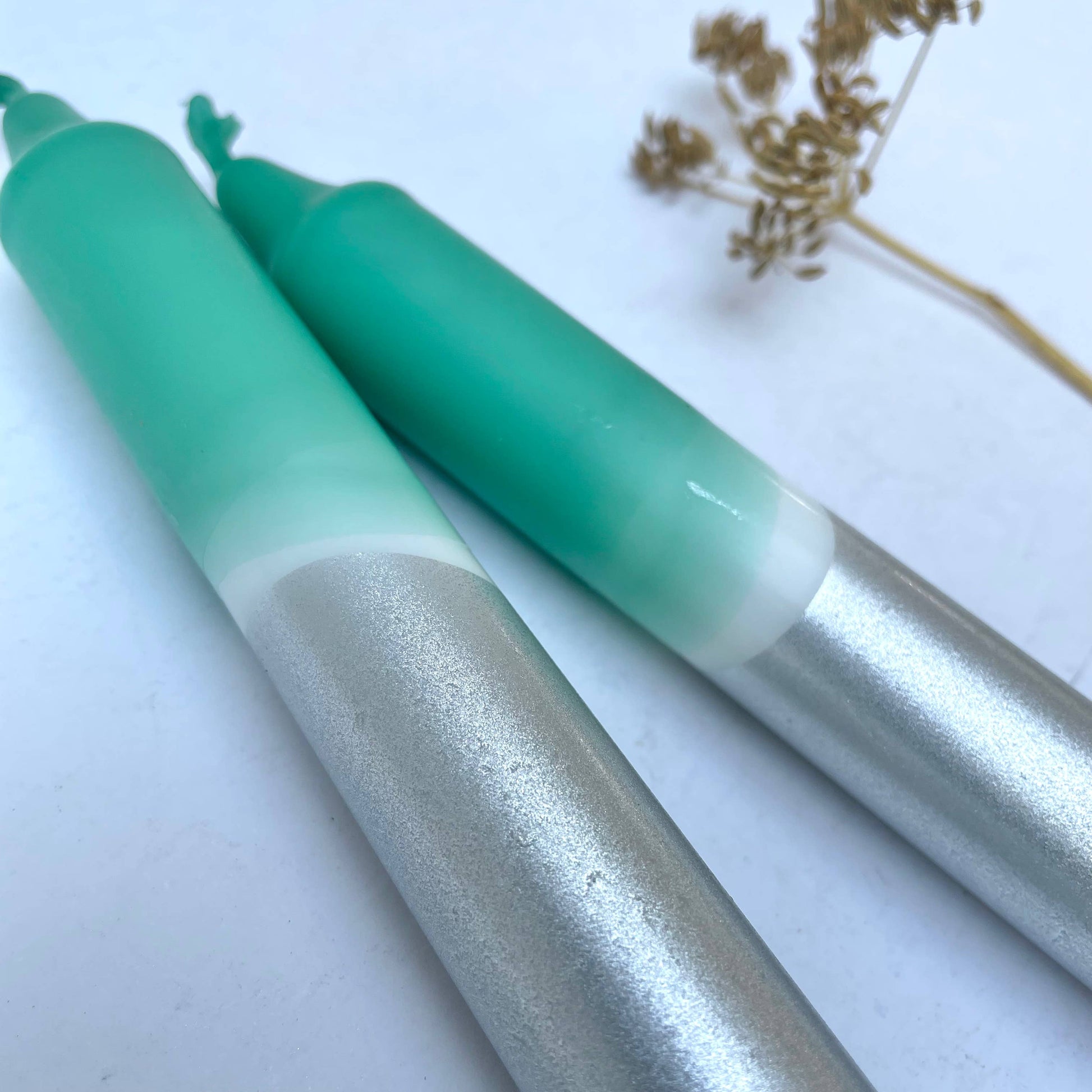 Lagoon Blue & Silver Dip Dyed Dinner Candles - Set of 2