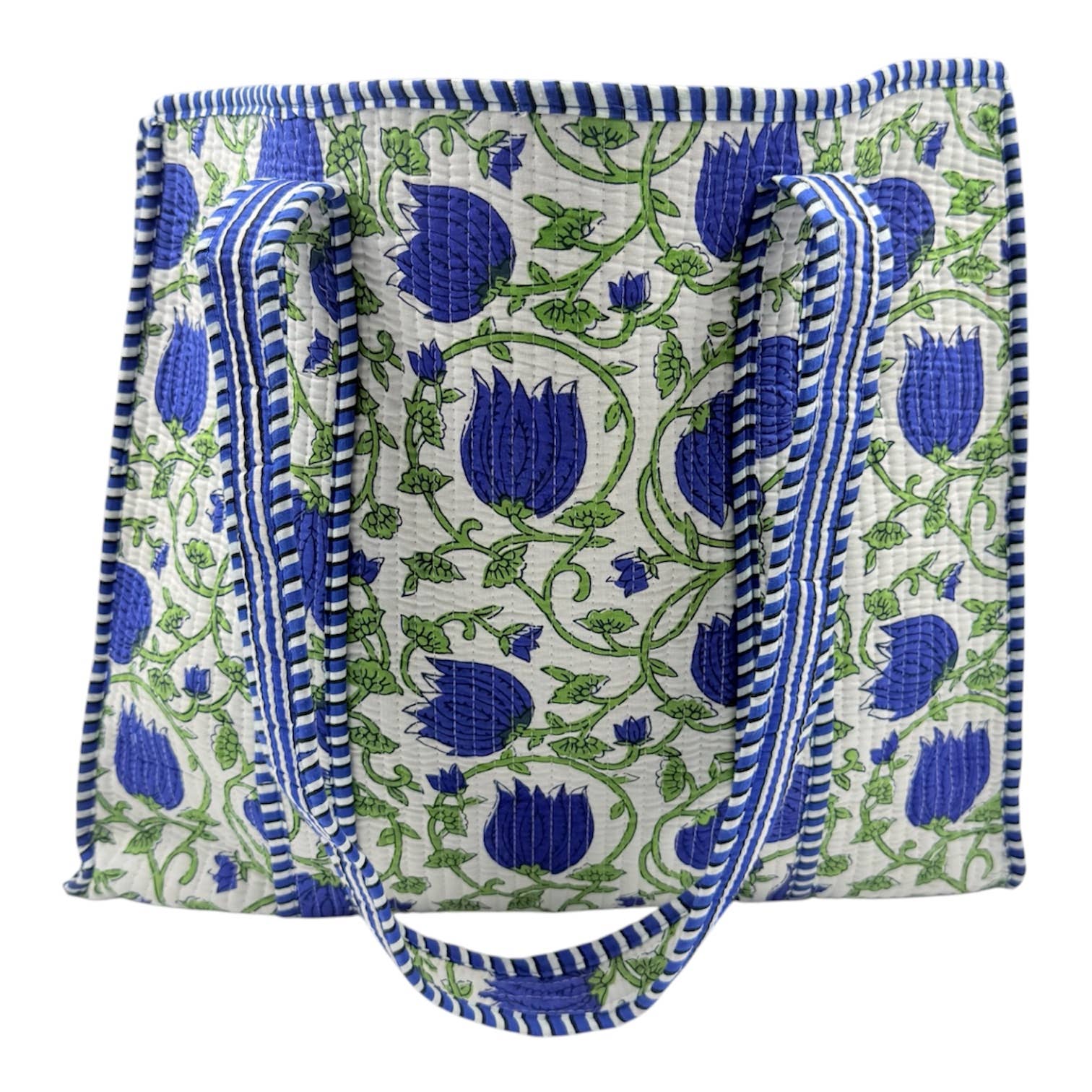 Quilted Cotton Tote Bag with Indigo Floral Print