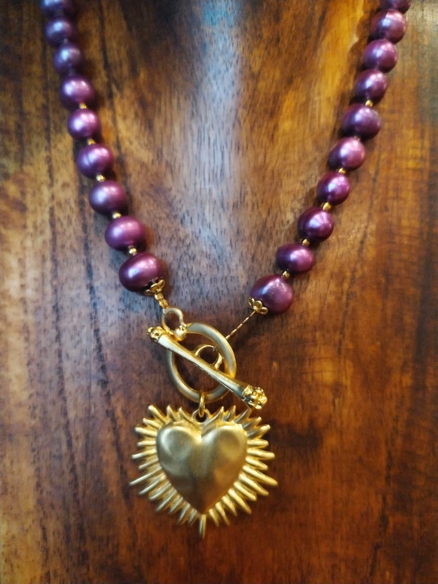 Purple Pearl Necklace with Gold Shining Heart Charm 43cm