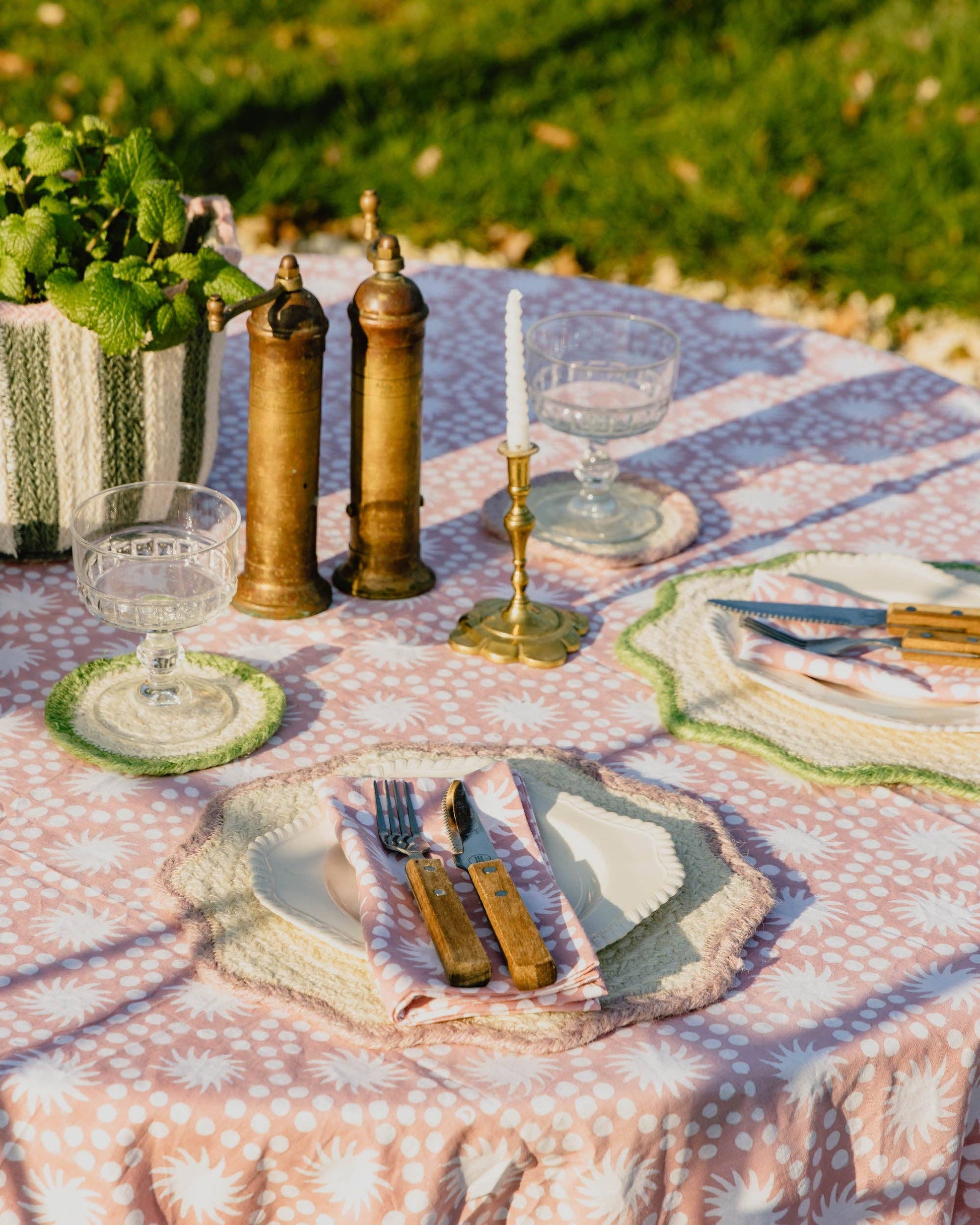Sunburst Block Print Tablecloth Olive Green Cotton 180 x 280 cm