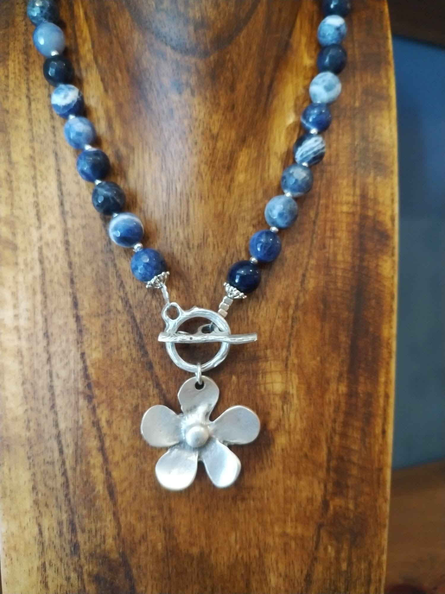 Blue Sodalite Necklace with Silver Flower Charm
