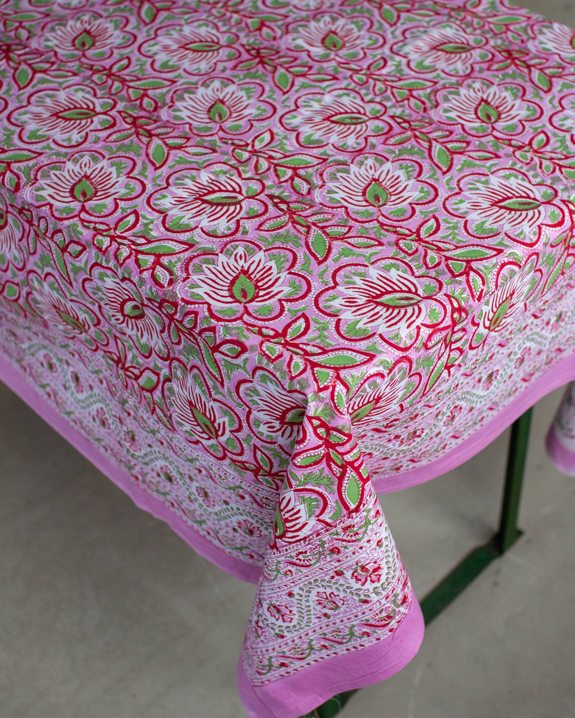 Pink Floral Potterne Hand Block Printed Cotton Tablecloth 150 x 220 cm