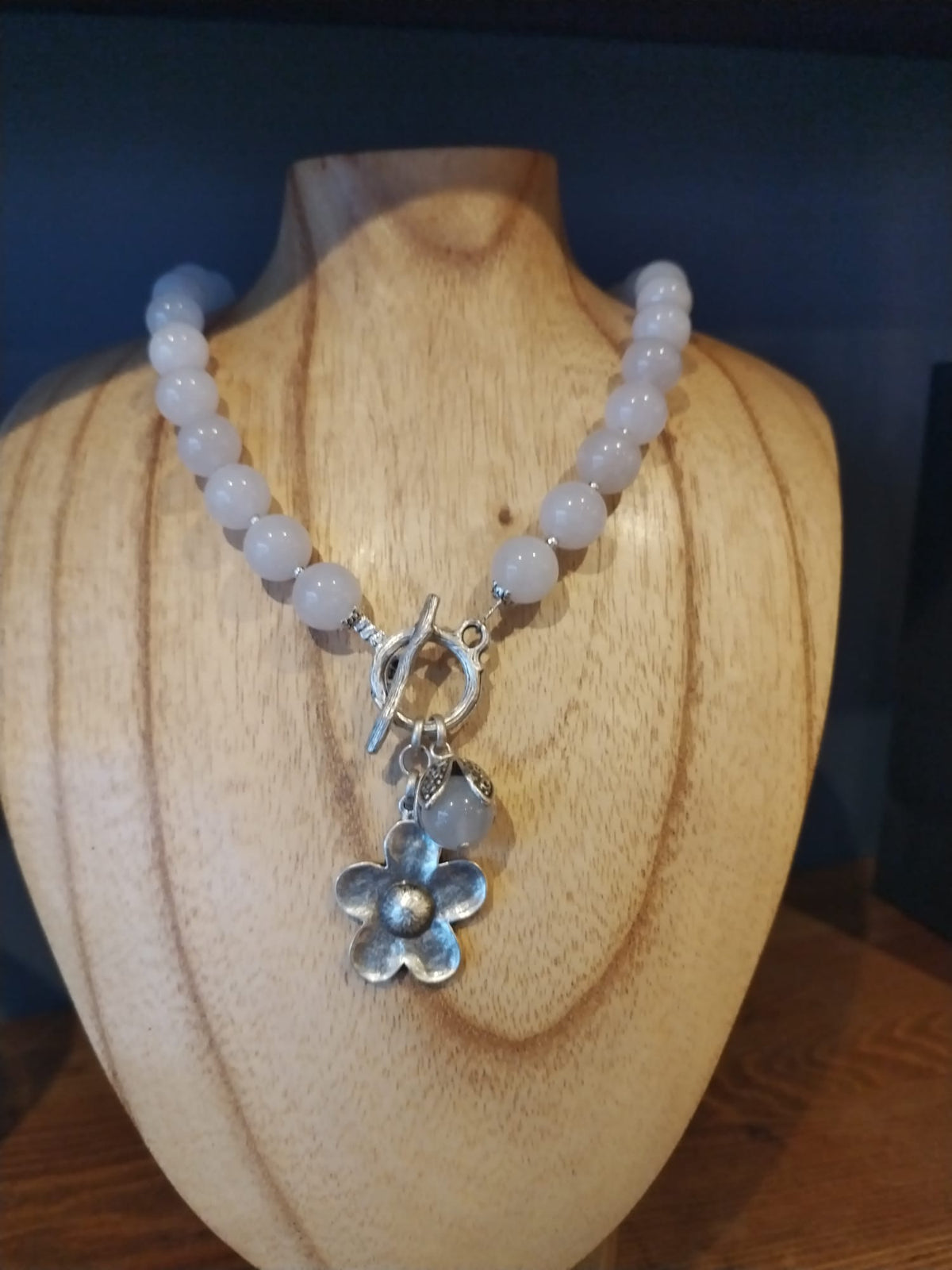 White Agate Necklace with Silver Flower Charm