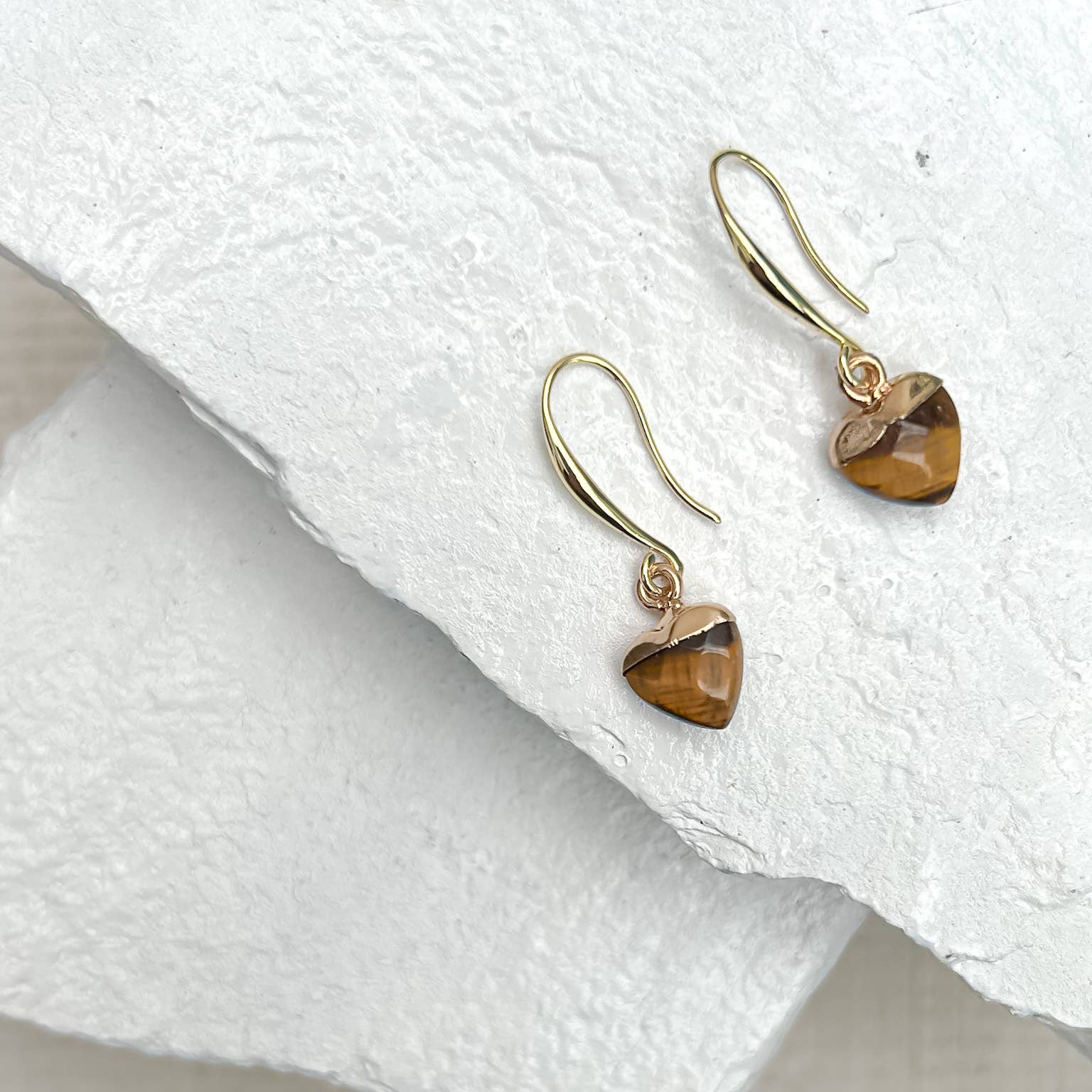 Tiger’s Eye Small Heart Earrings with 18k Gold-Plated Hooks