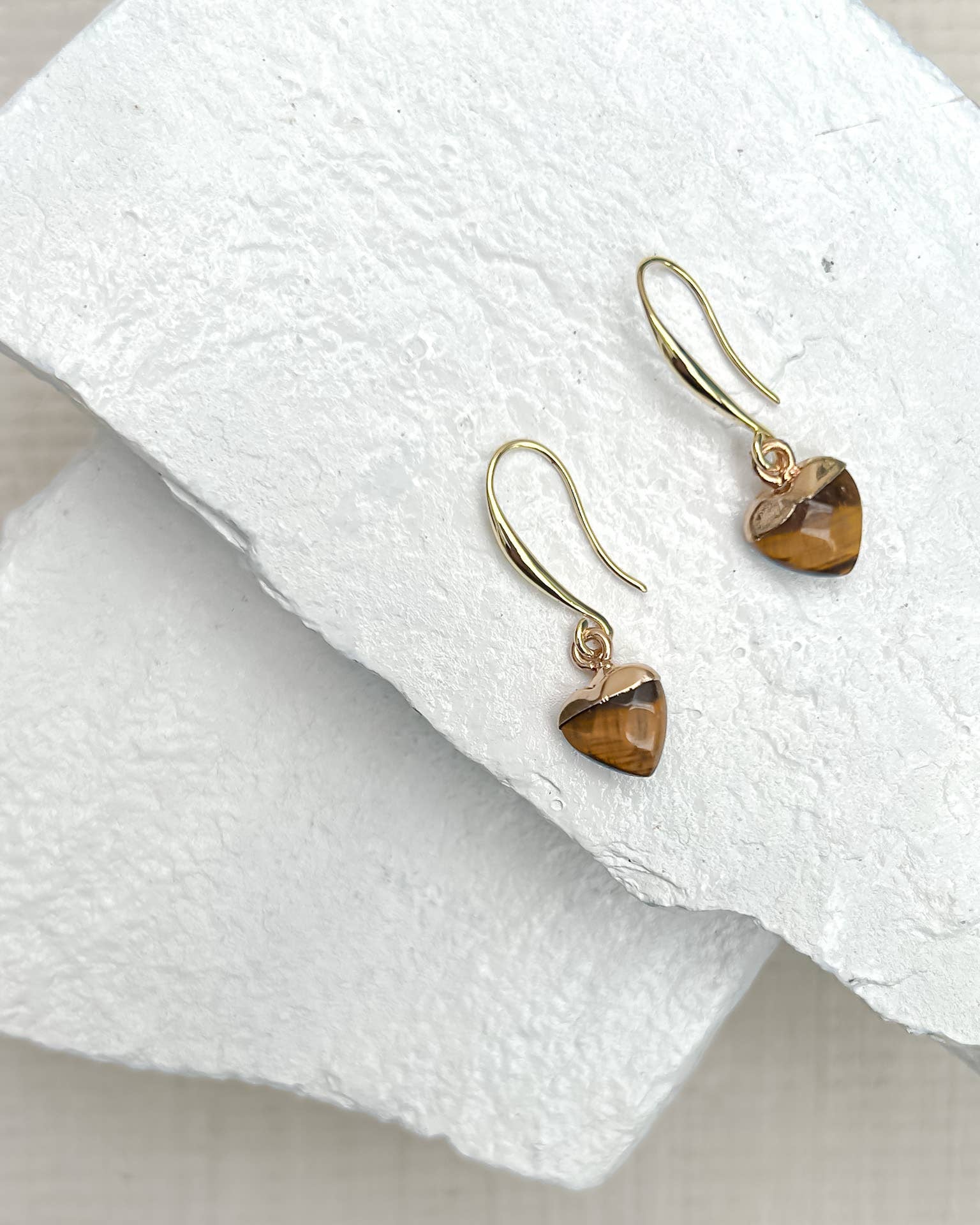 Tiger’s Eye Small Heart Earrings with 18k Gold-Plated Hooks