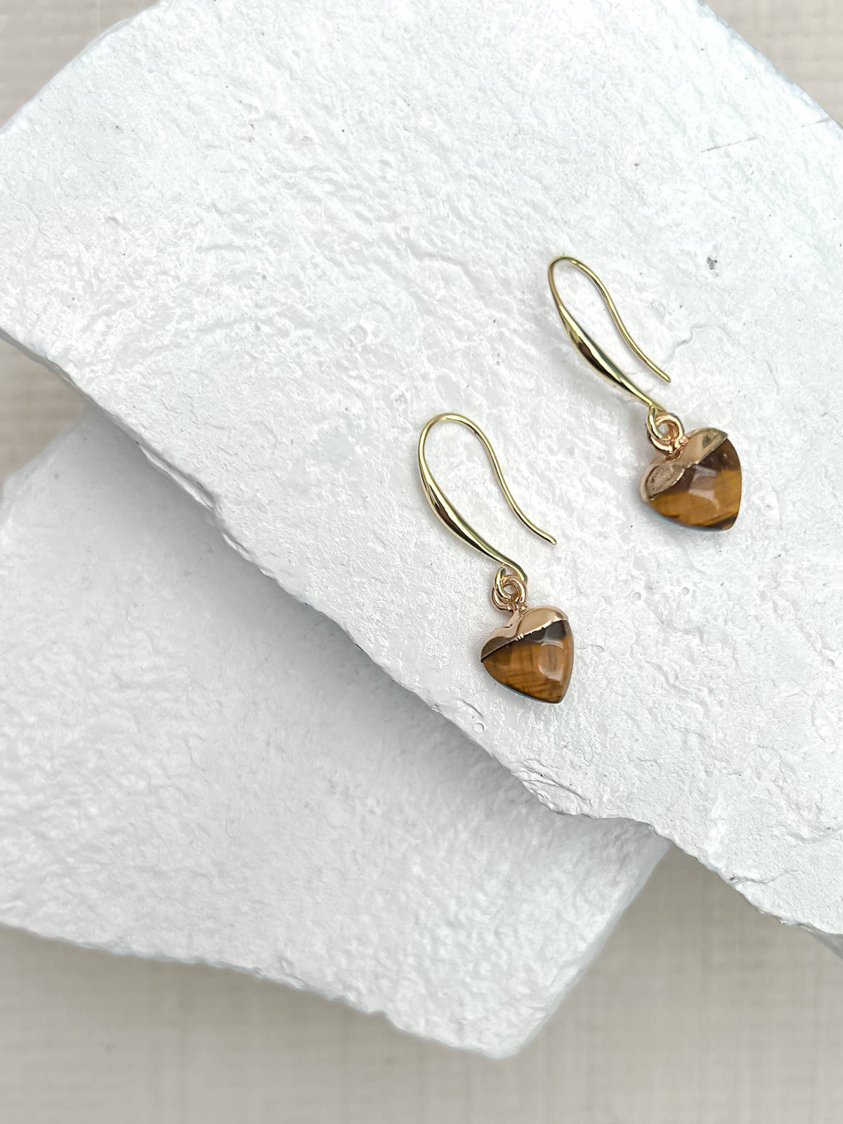 Tiger’s Eye Small Heart Earrings with 18k Gold-Plated Hooks